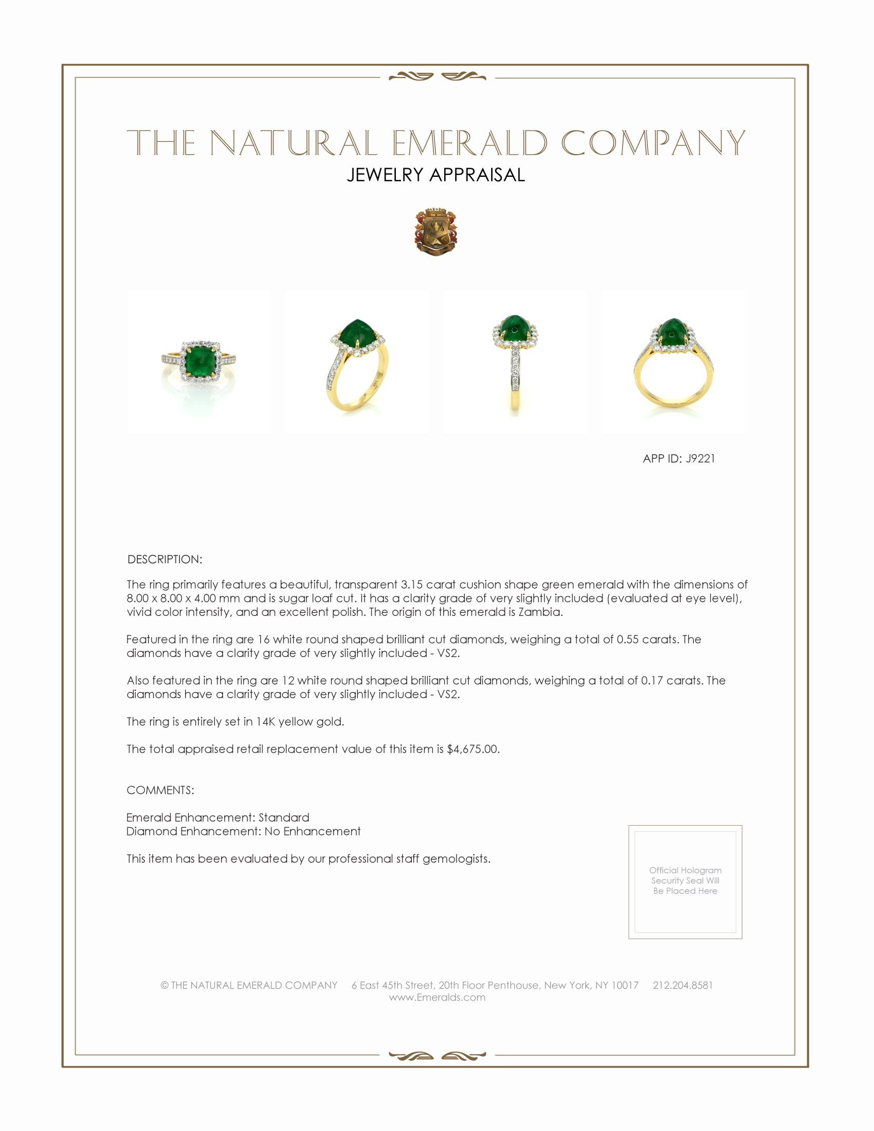 3.15 Ct. Emerald Natural Diamond Pave Ring, 14K Yellow Gold