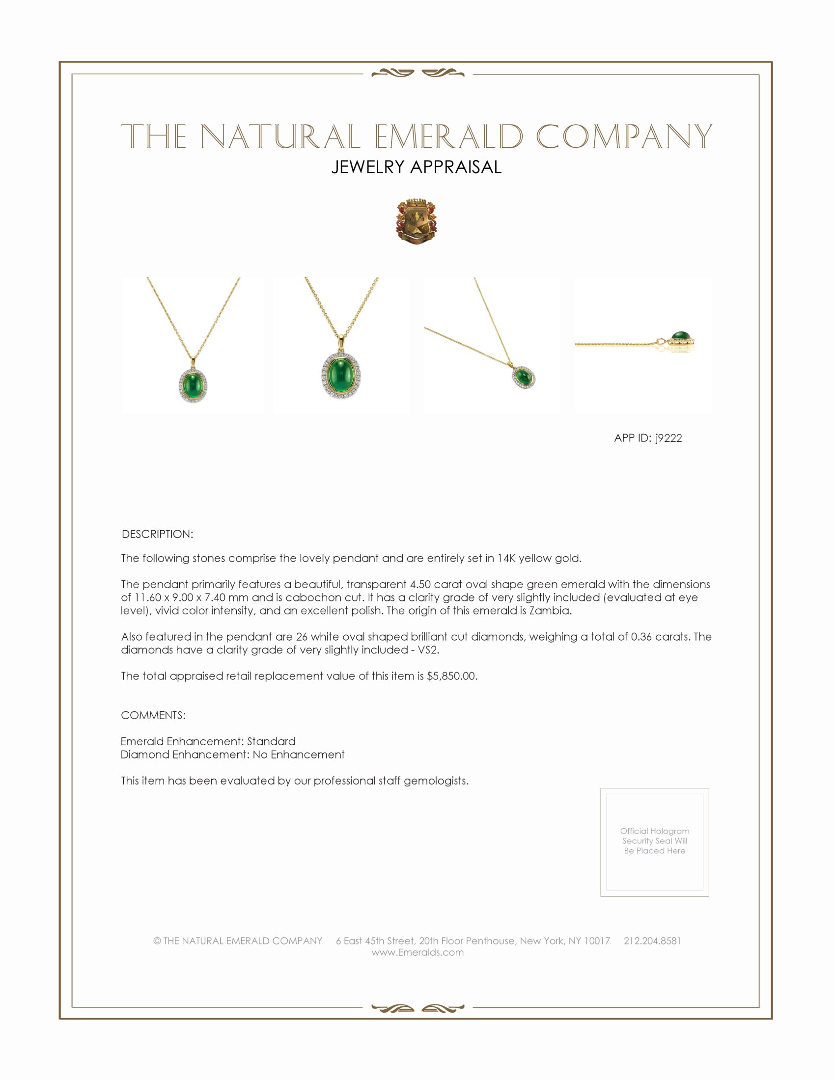 4.50 Ct. Emerald and Natural Diamond Pave Pendant, 14K Yellow Gold