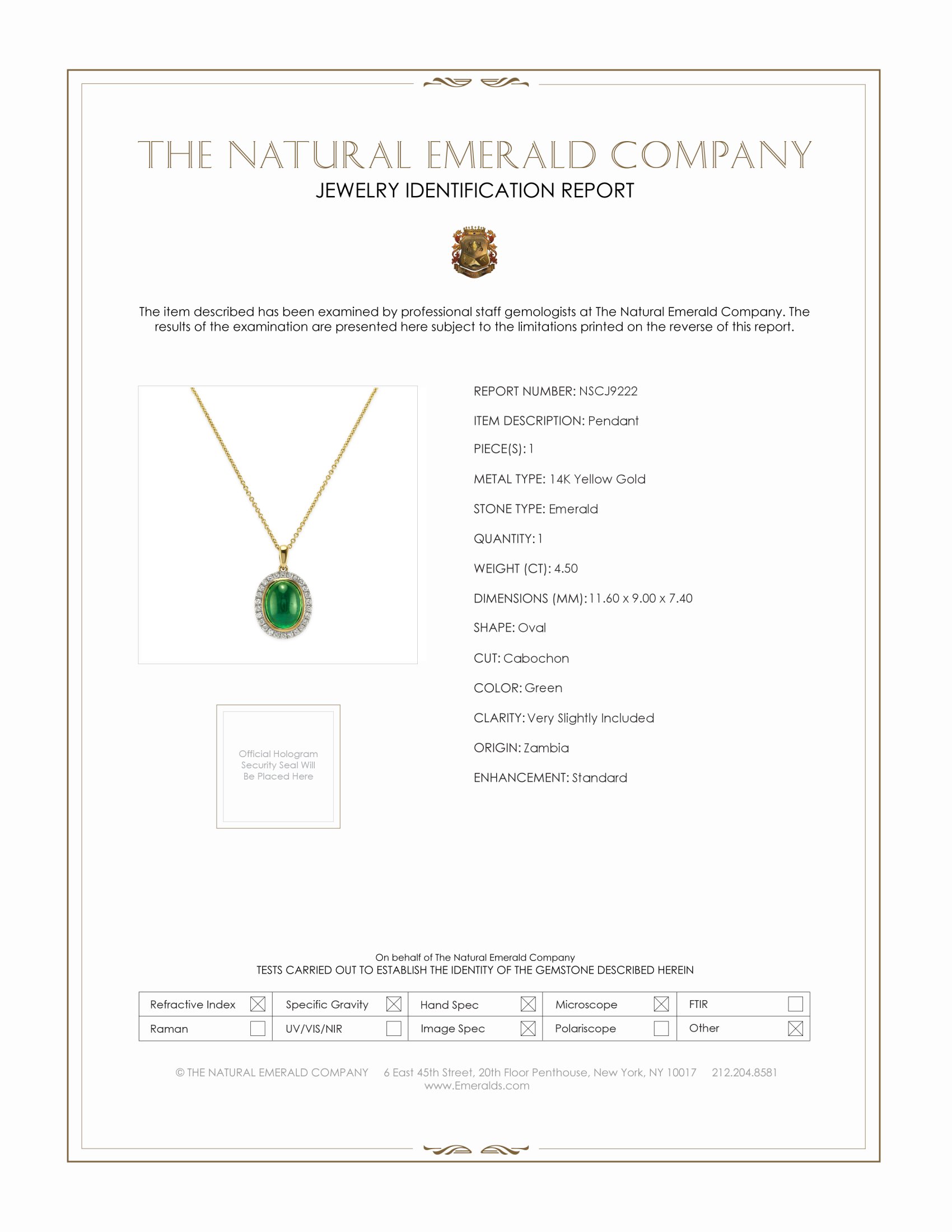 4.50 Ct. Emerald and Natural Diamond Pave Pendant, 14K Yellow Gold