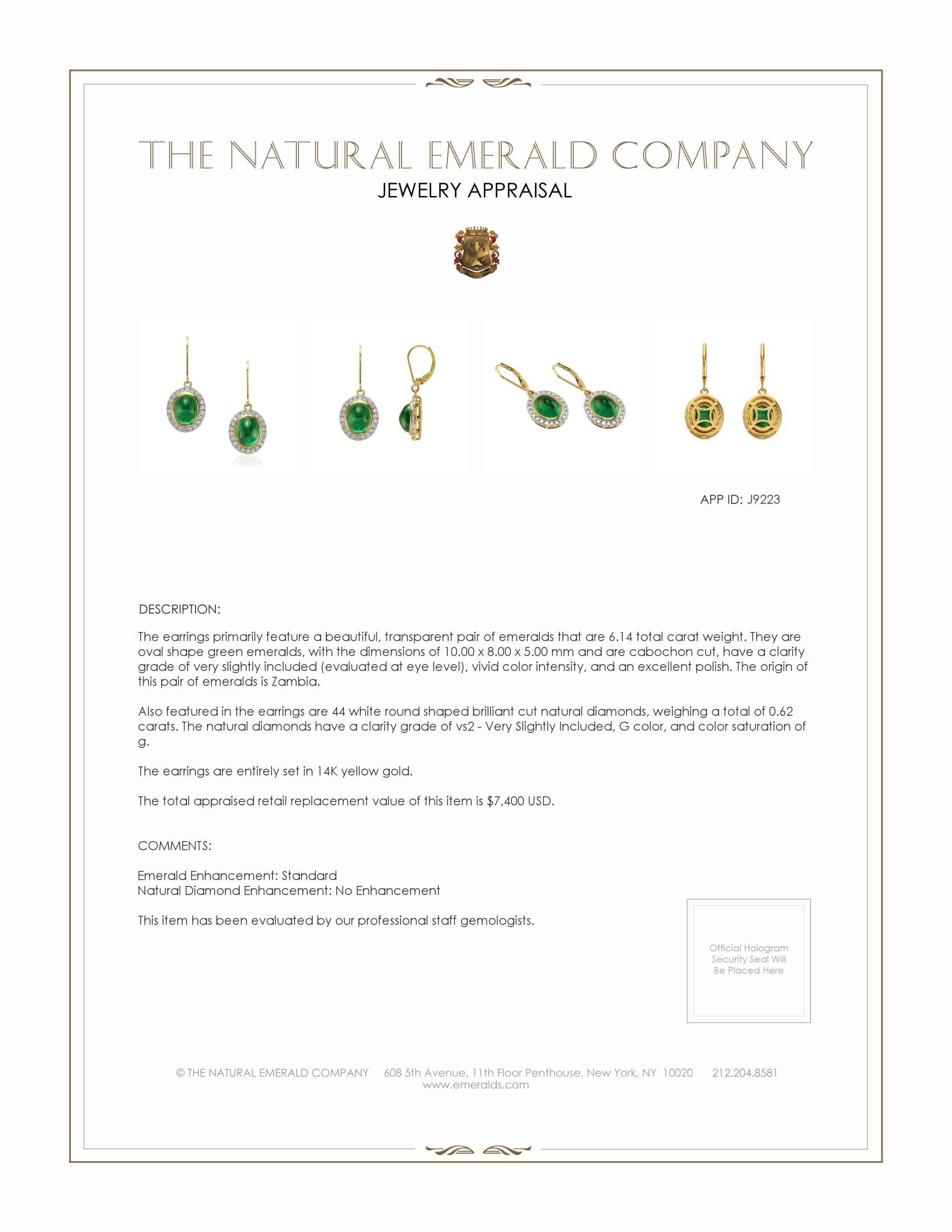 6.14 Ct.Tw. Emerald and Natural Diamond Pave Earrings, 14K Yellow Gold