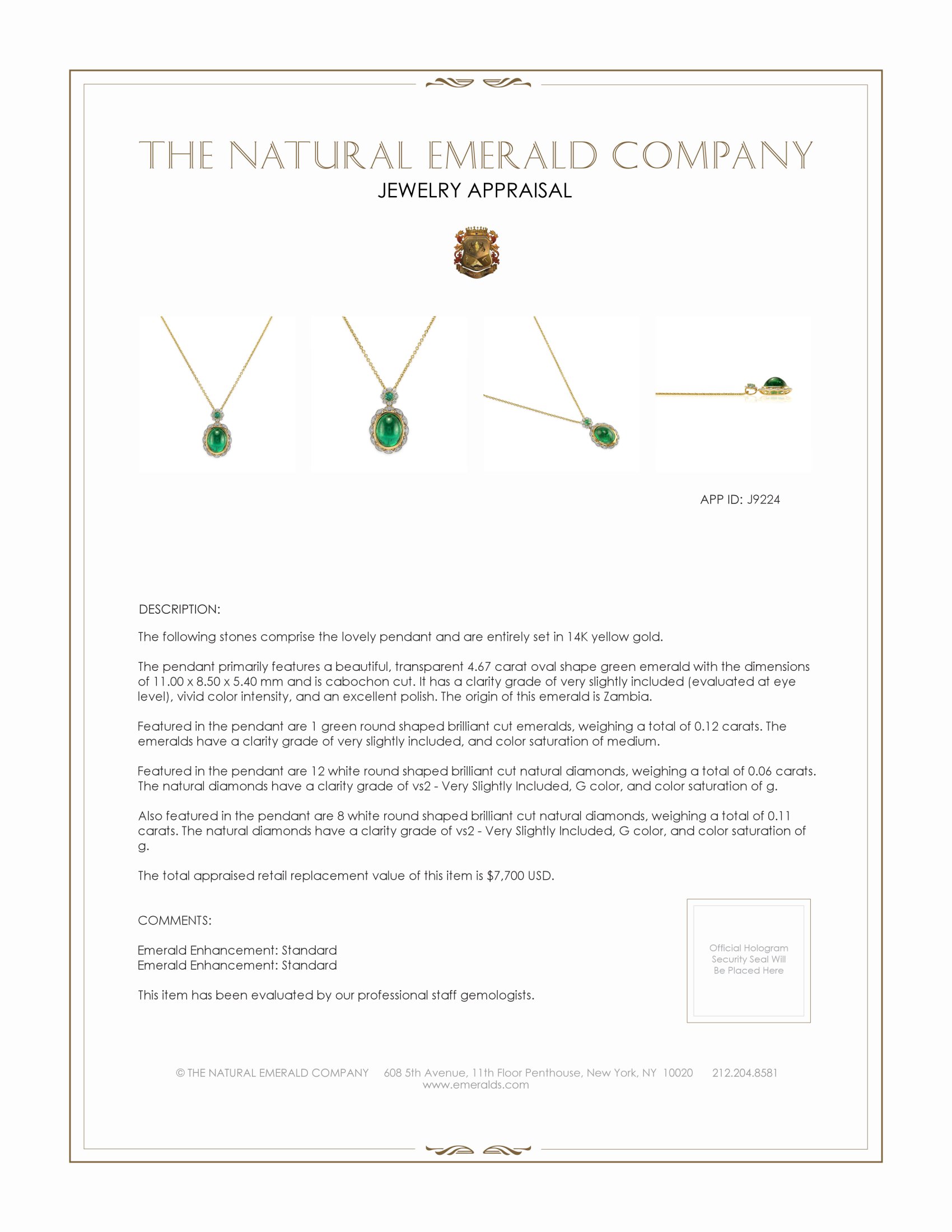 4.67 Ct. Emerald and Natural Diamond Pave Pendant, 14K Yellow Gold