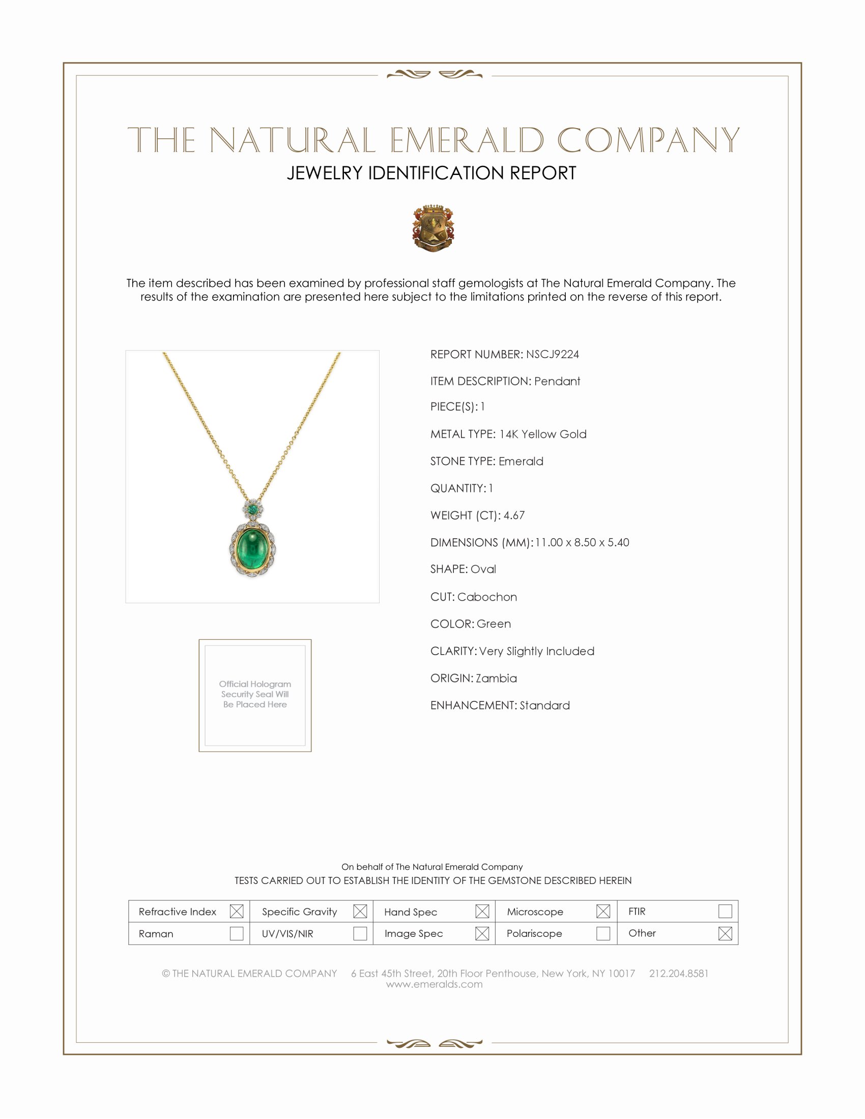 4.67 Ct. Emerald and Natural Diamond Pave Pendant, 14K Yellow Gold