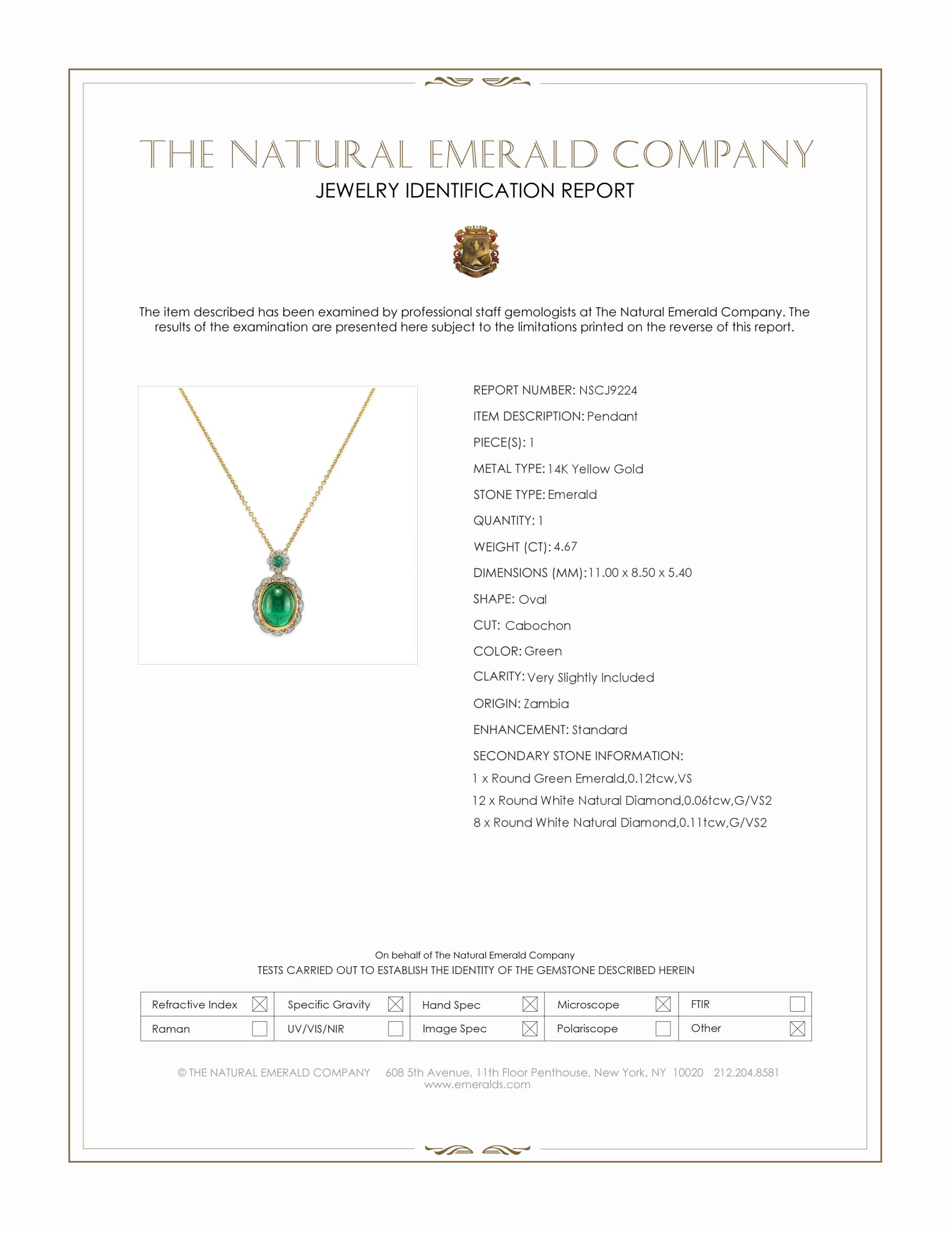 4.67 Ct. Emerald and Natural Diamond Pave Pendant, 14K Yellow Gold