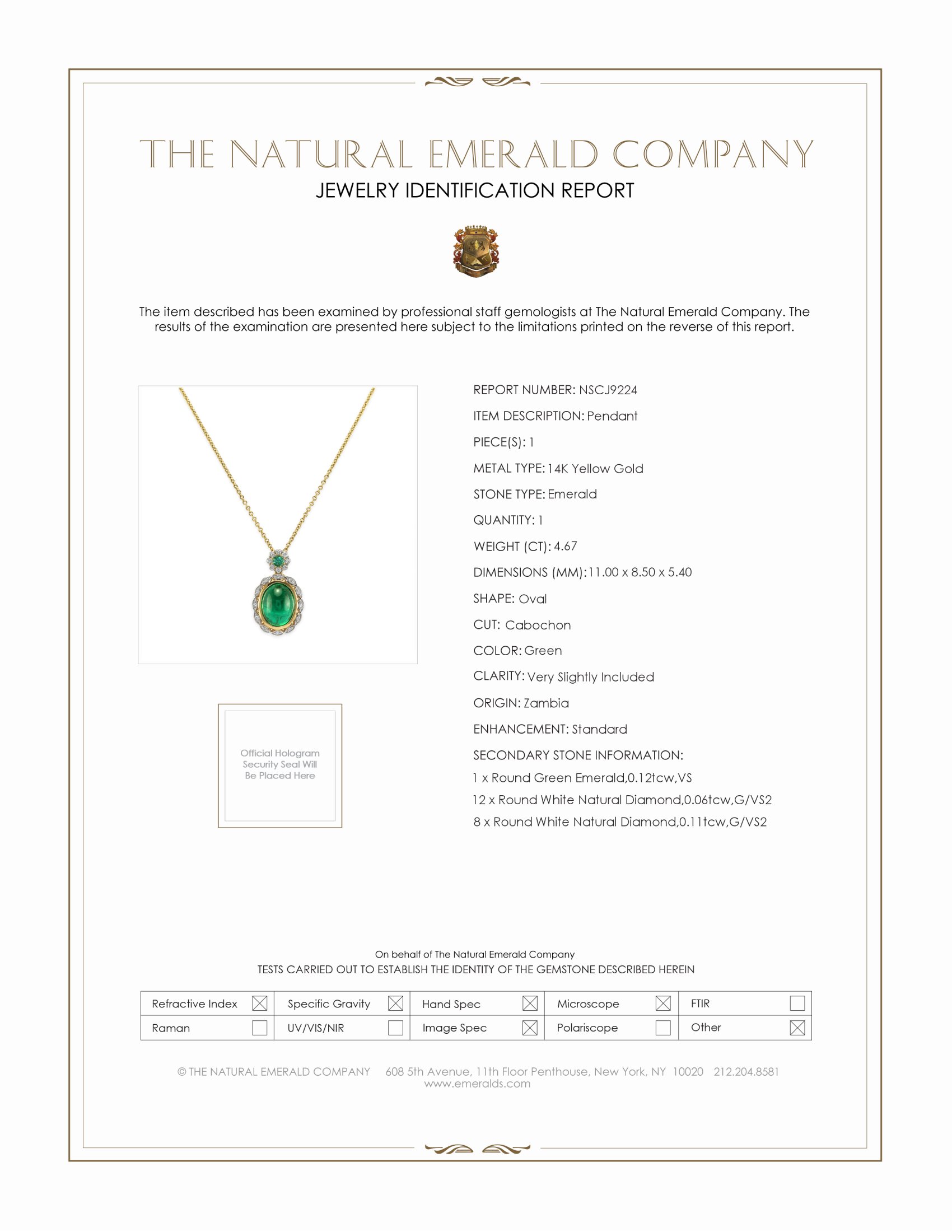4.67 Ct. Emerald Emerald Pave Pendant, 14K Yellow Gold