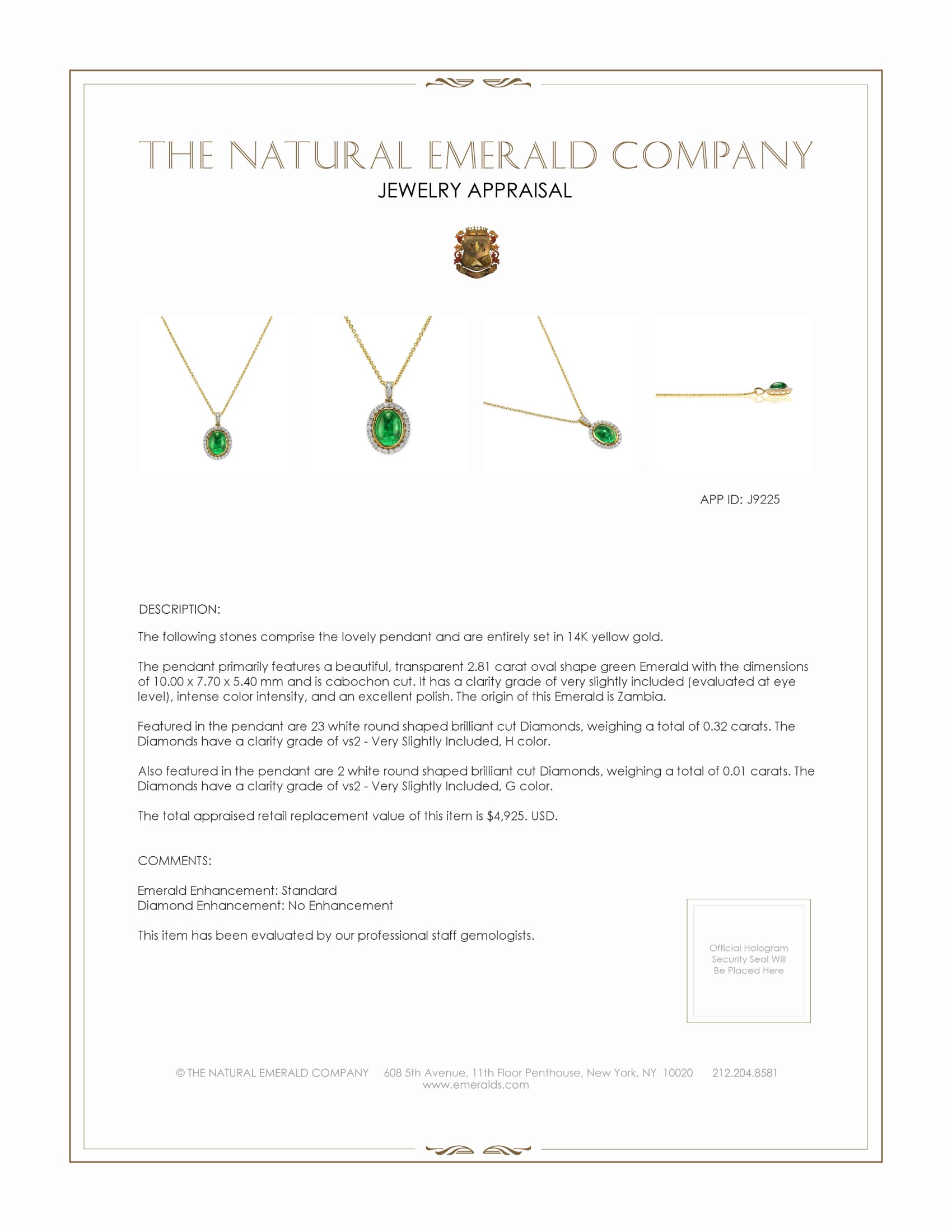 2.81 Ct. Emerald and Natural Diamond Pave Pendant, 14K Yellow Gold