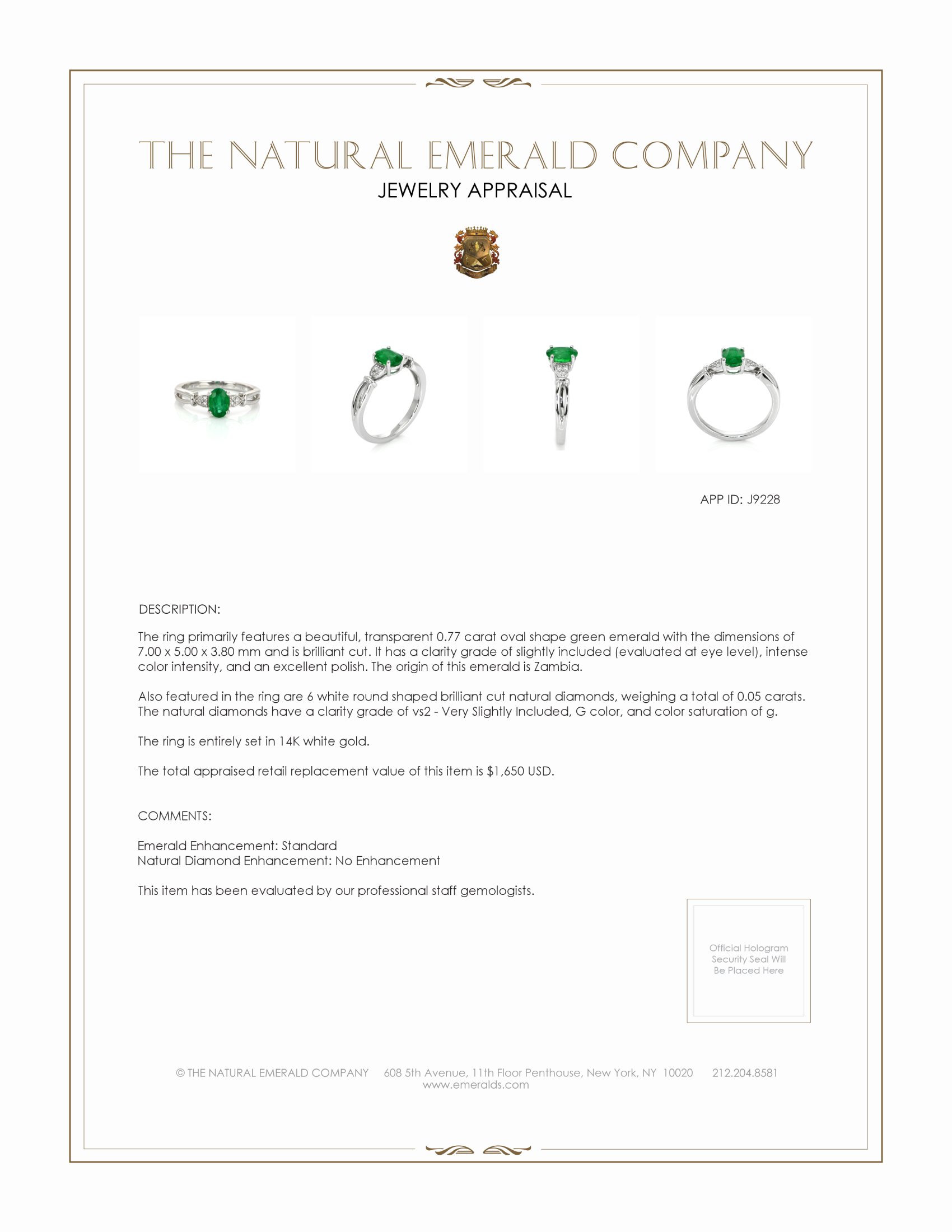0.77 Ct. Emerald Natural Diamond Accent Stones Ring, 14K White Gold