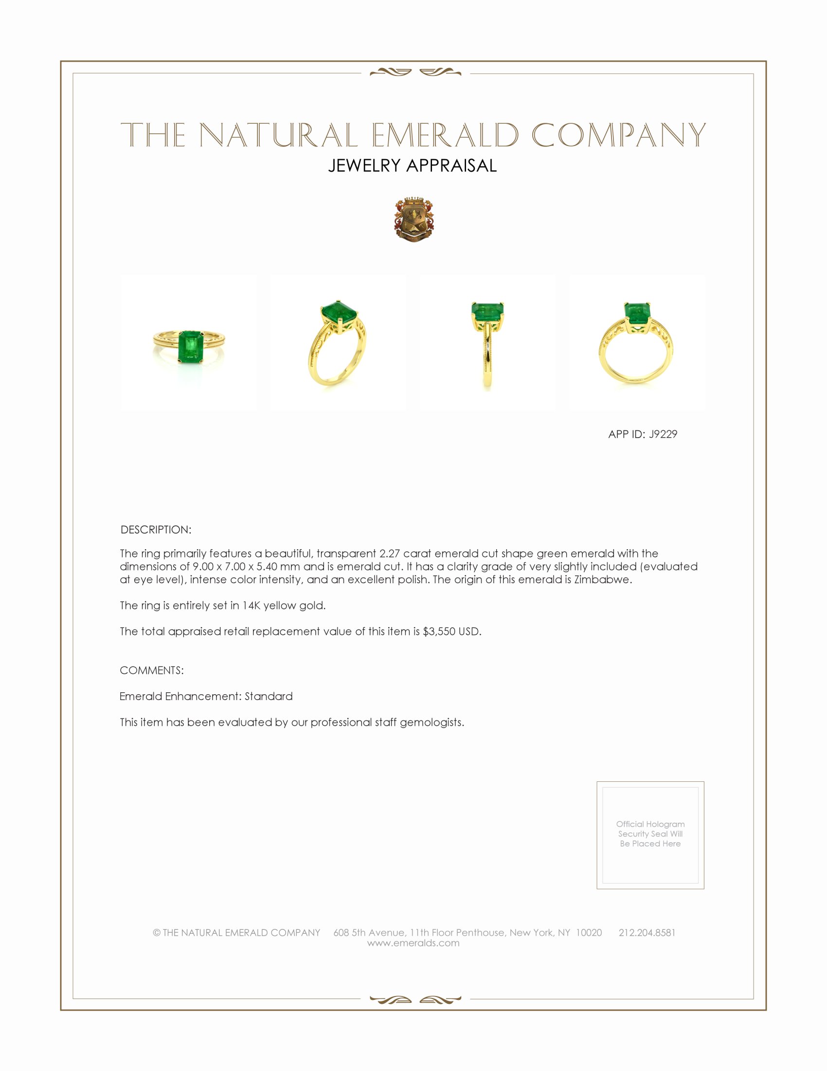 2.27 Ct. Emerald Solitaire Ring, 14K Yellow Gold