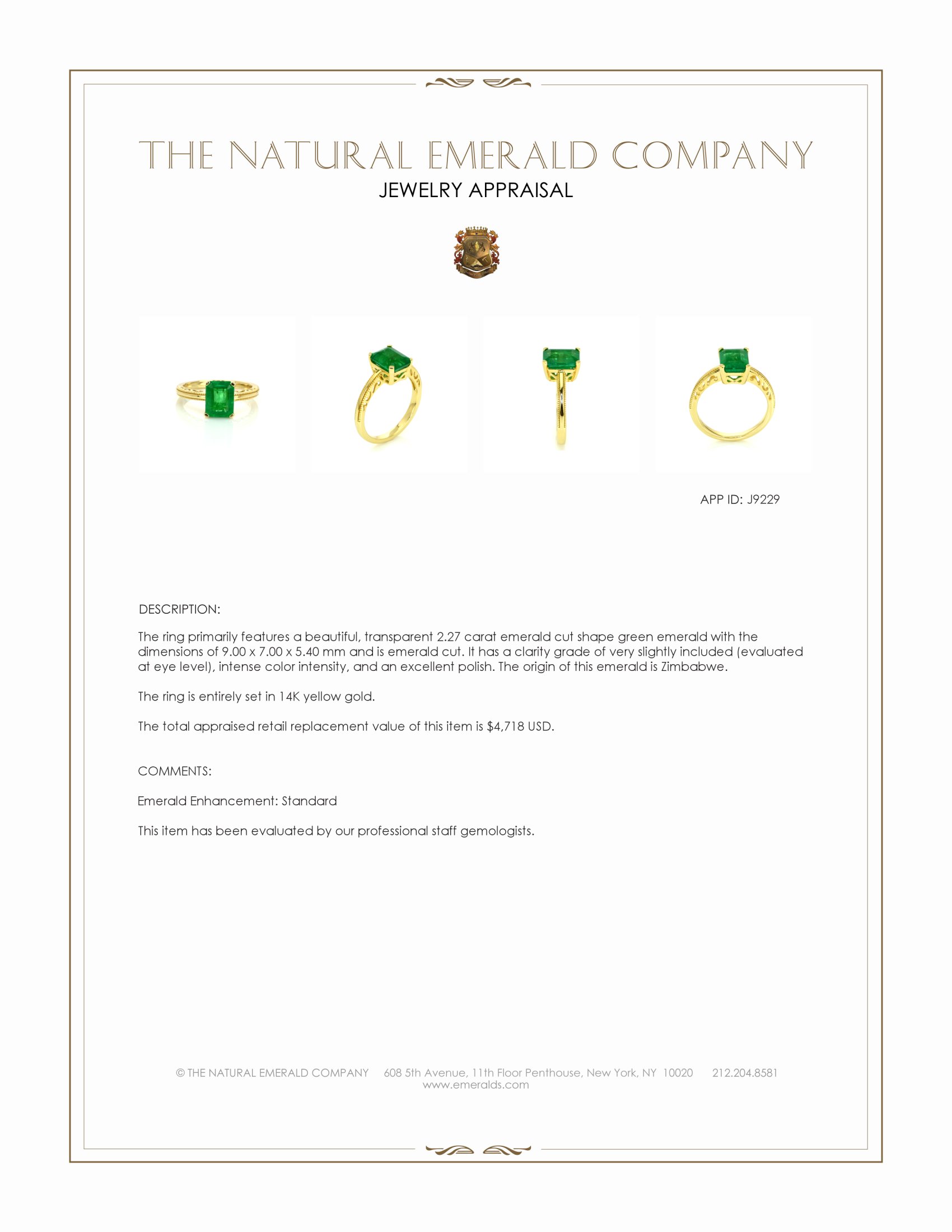 2.27 Ct. Emerald Solitaire Ring, 14K Yellow Gold