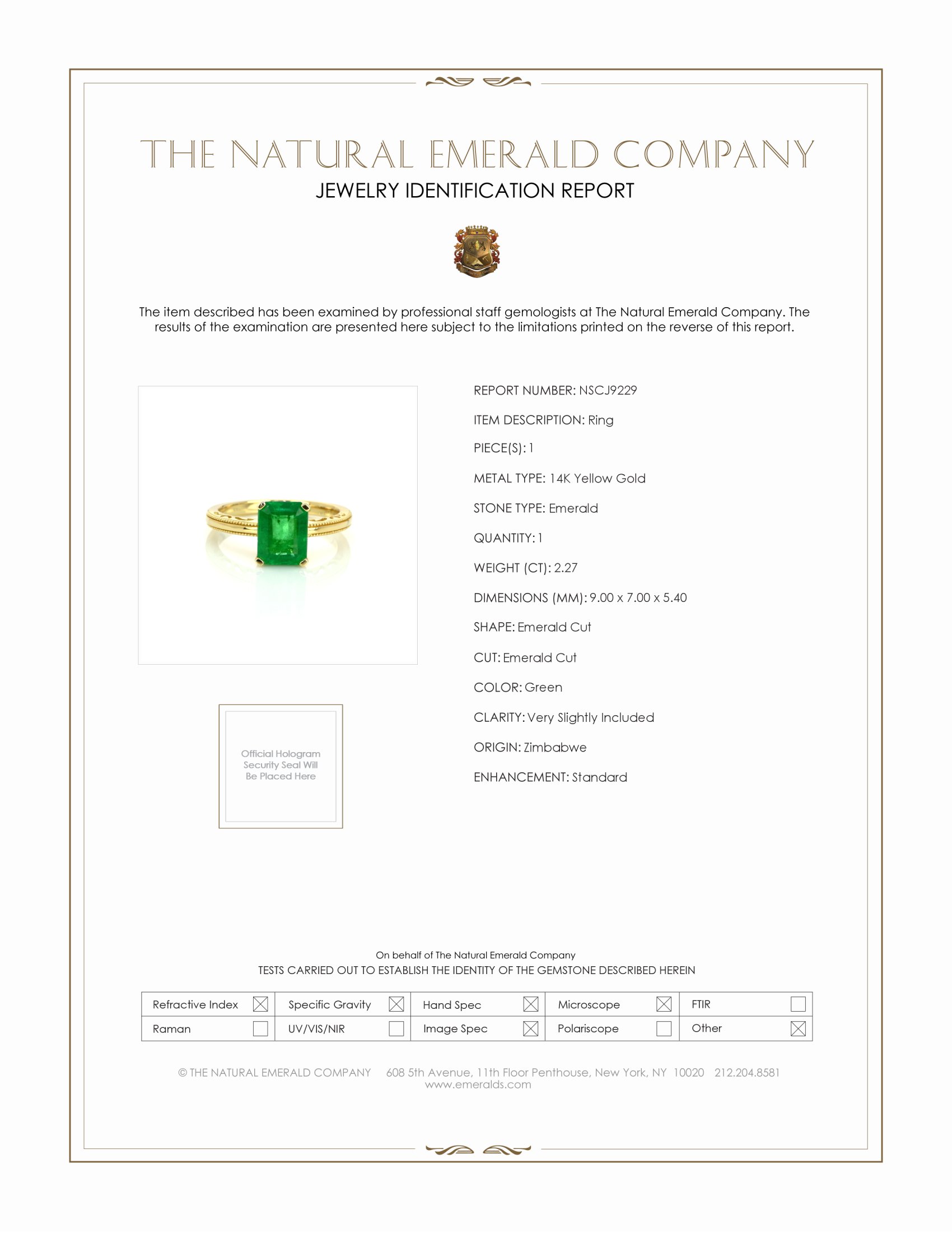 2.27 Ct. Emerald Solitaire Ring, 14K Yellow Gold