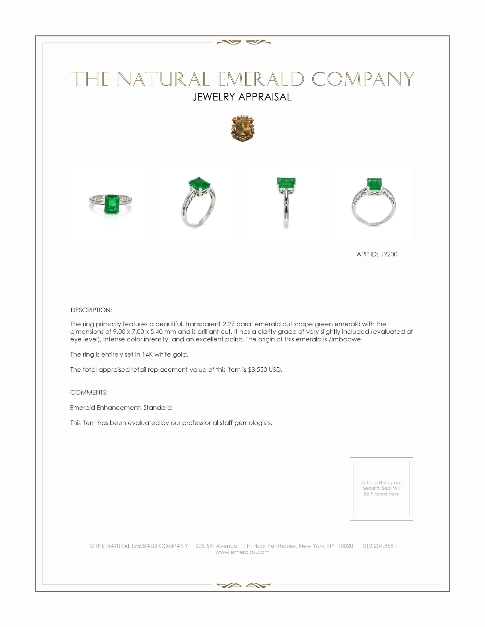 2.27 Ct. Emerald Solitaire Ring, 14K White Gold