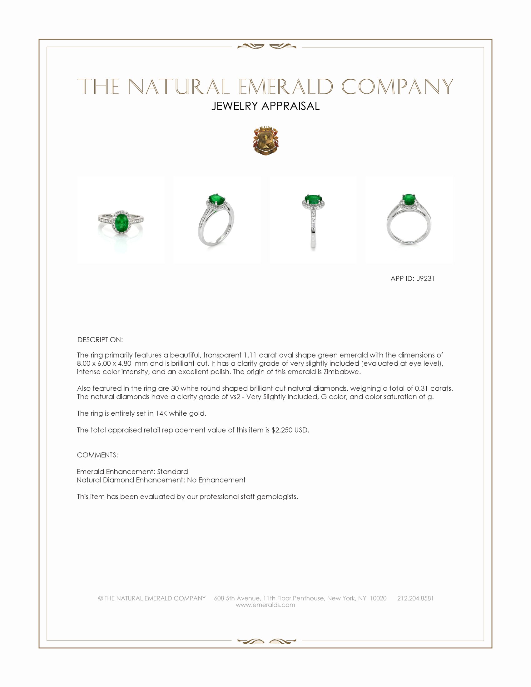 1.11 Ct. Emerald and Natural Diamond Pave Ring, 14K White Gold