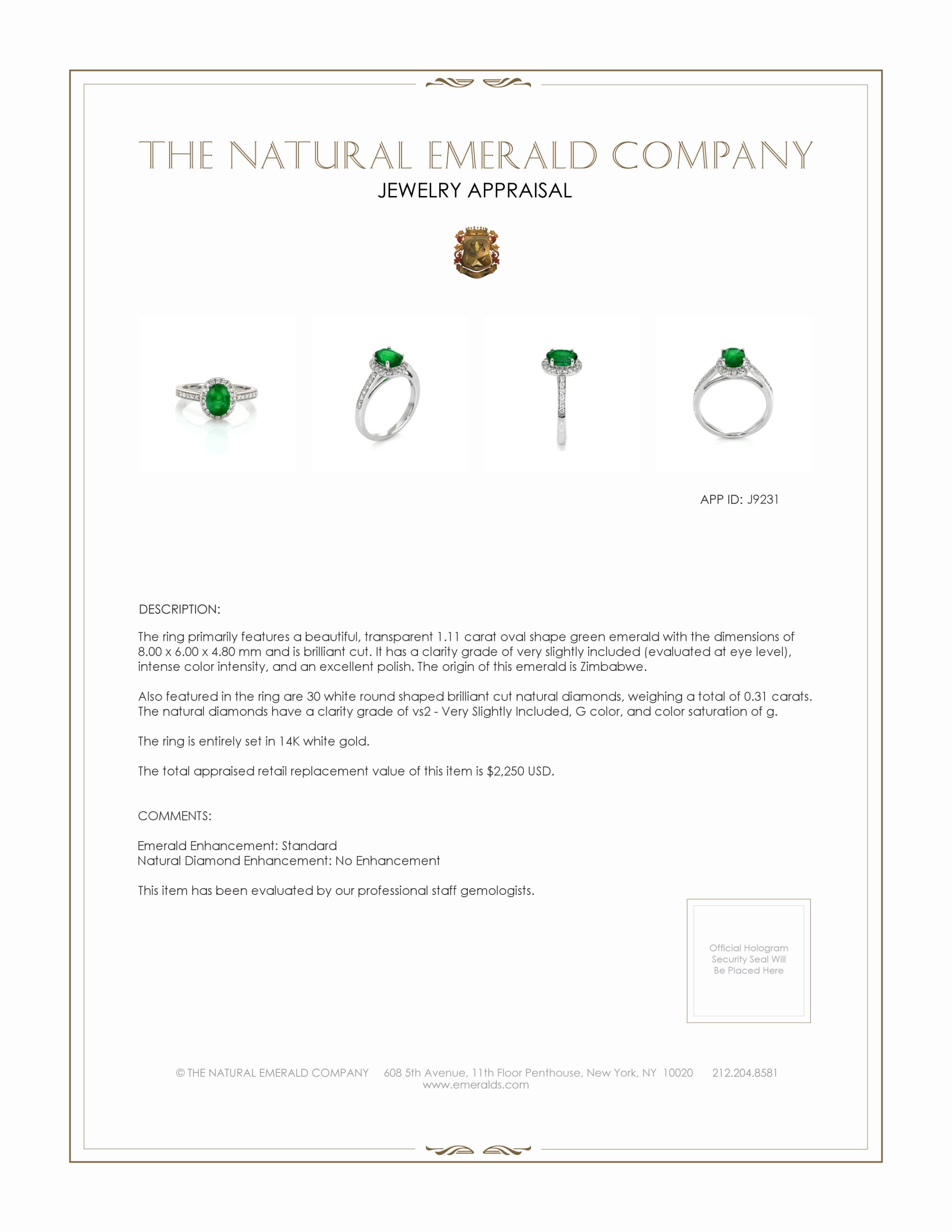 1.11 Ct. Emerald and Natural Diamond Pave Ring, 14K White Gold