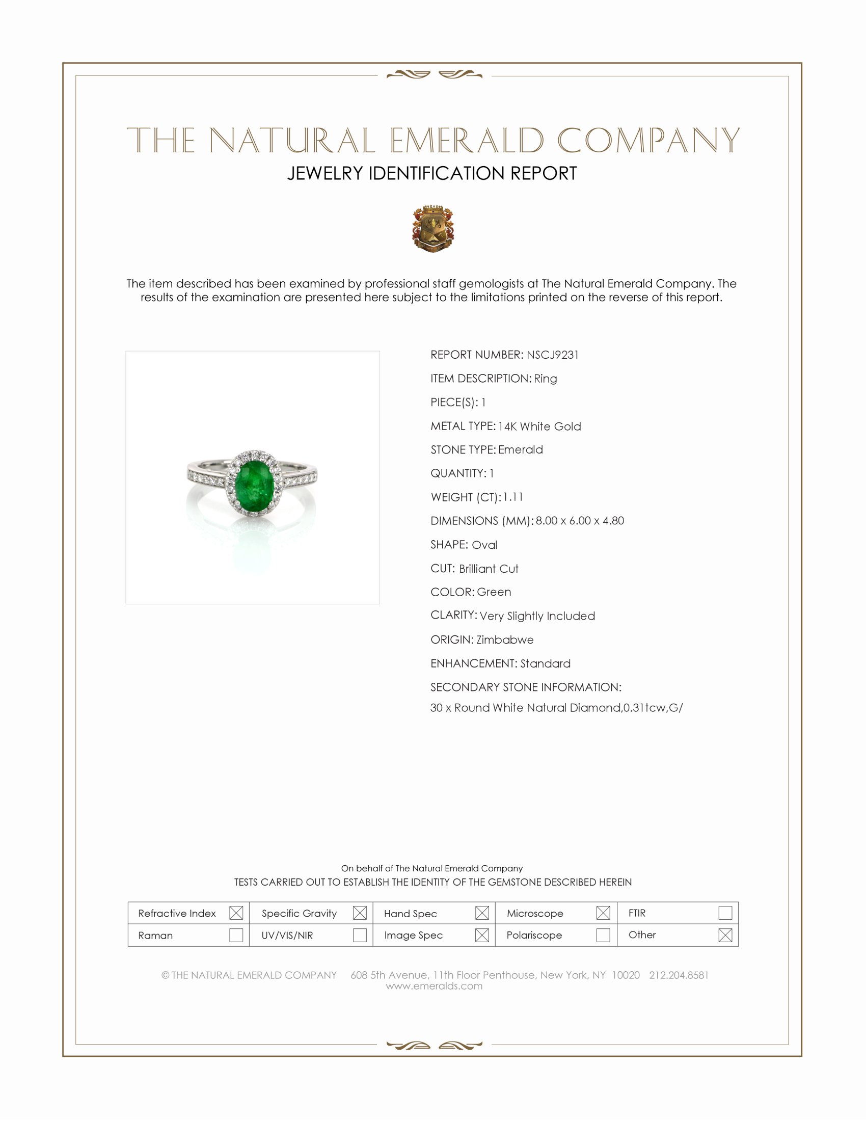 1.11 Ct. Emerald and Natural Diamond Pave Ring, 14K White Gold