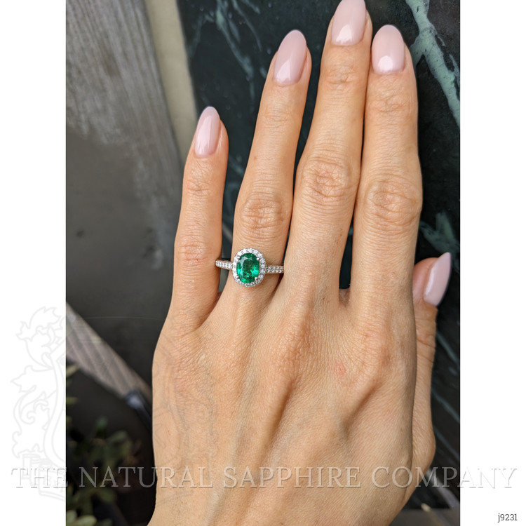 1.11 Ct. Emerald and Natural Diamond Pave Ring, 14K White Gold