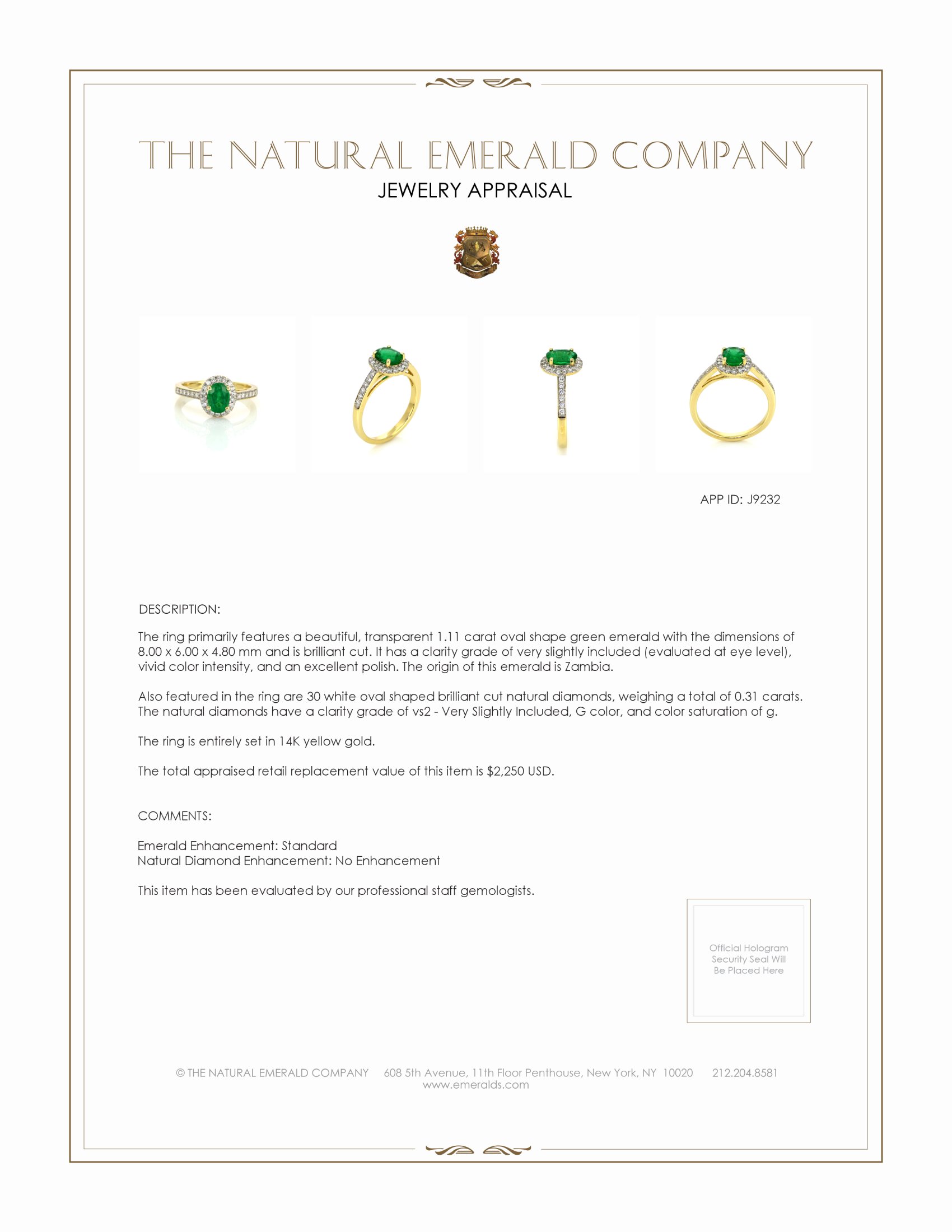 1.11 Ct. Emerald and Natural Diamond Pave Ring, 14K Yellow Gold