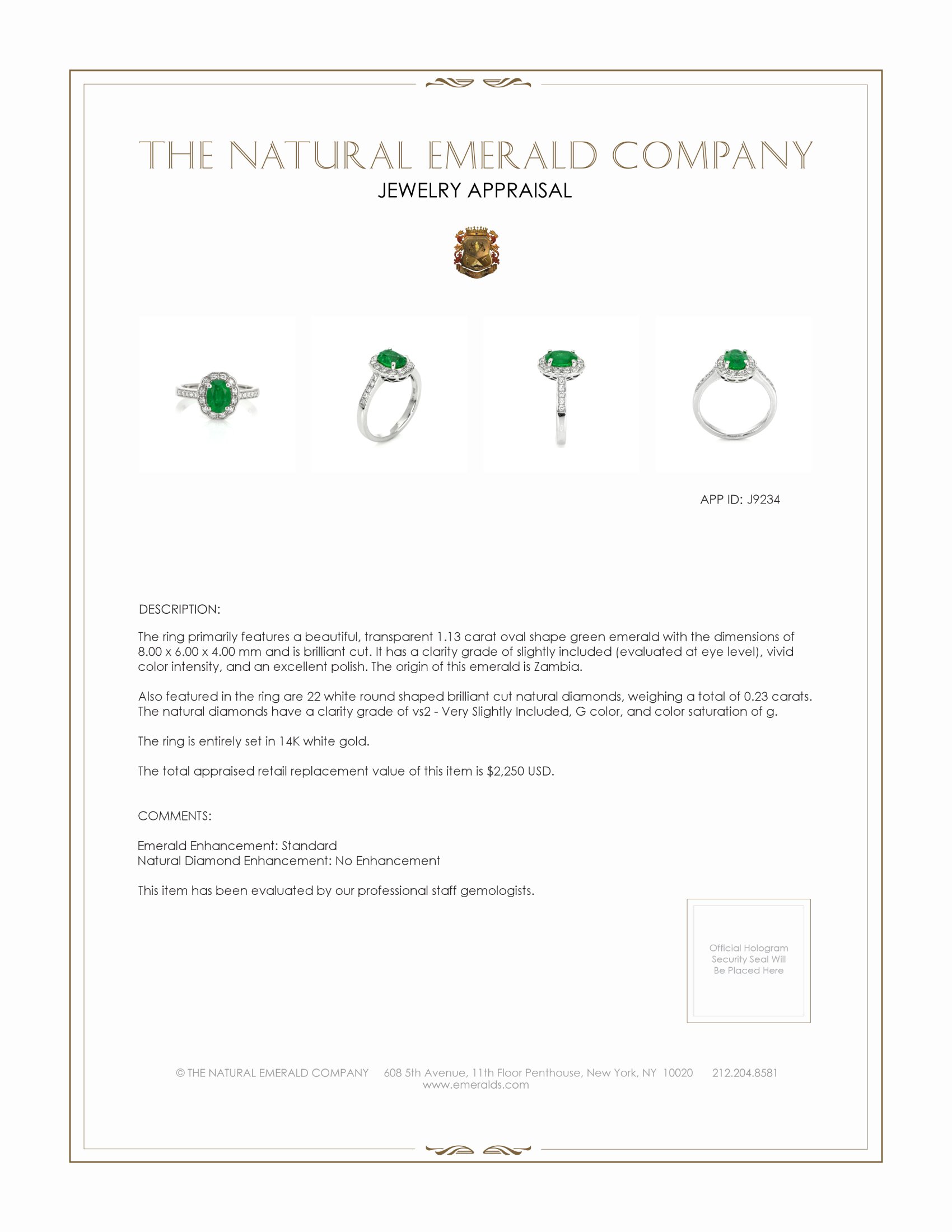 1.13 Ct. Emerald and Natural Diamond Pave Ring, 14K White Gold