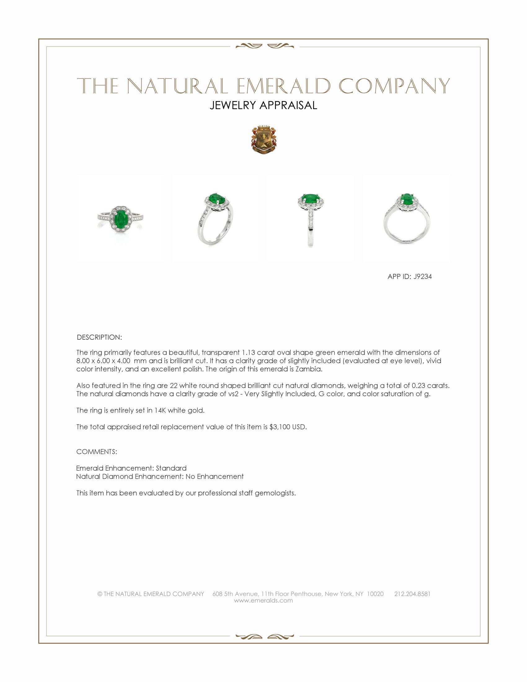 1.13 Ct. Emerald and Natural Diamond Pave Ring, 14K White Gold