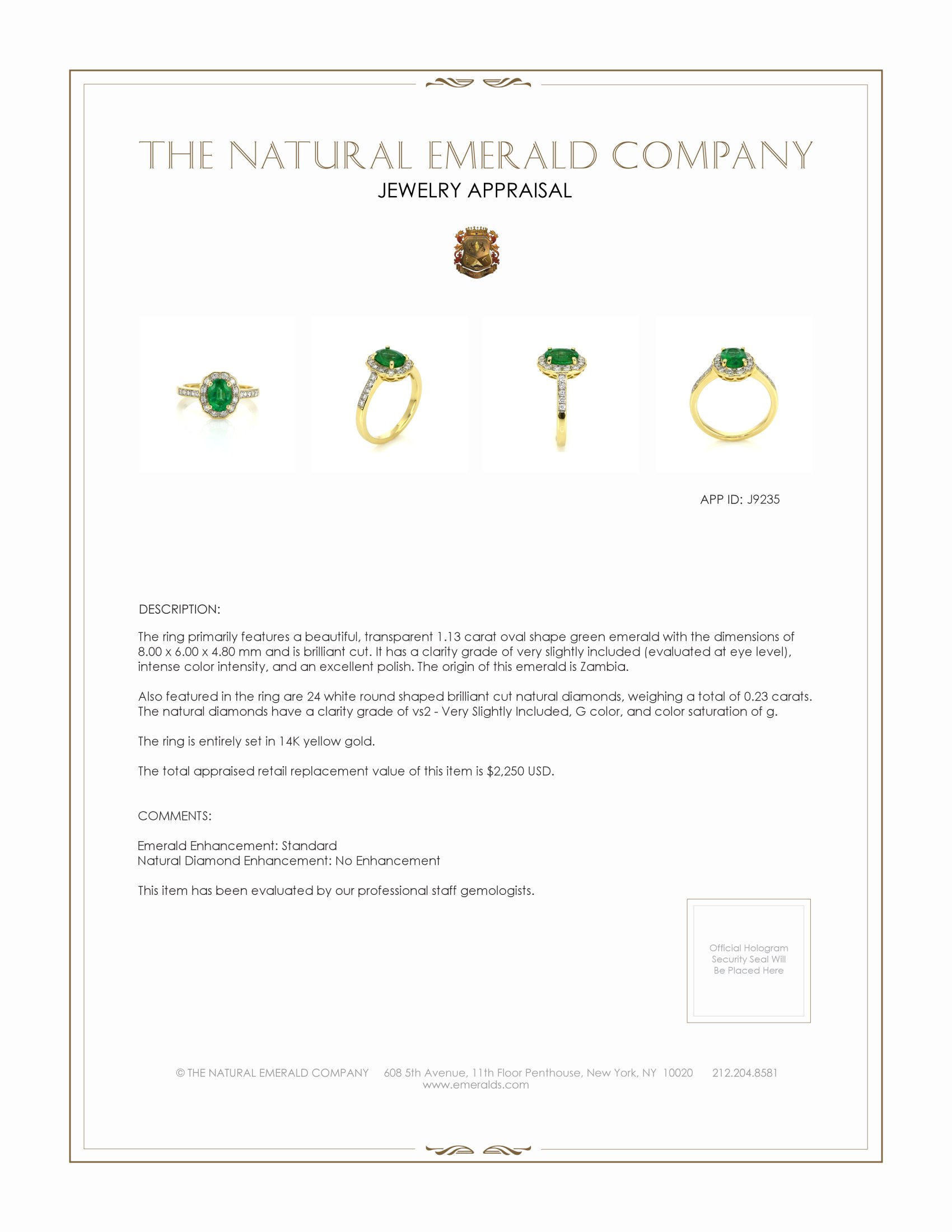 1.13 Ct. Emerald and Natural Diamond Pave Ring, 14K Yellow Gold