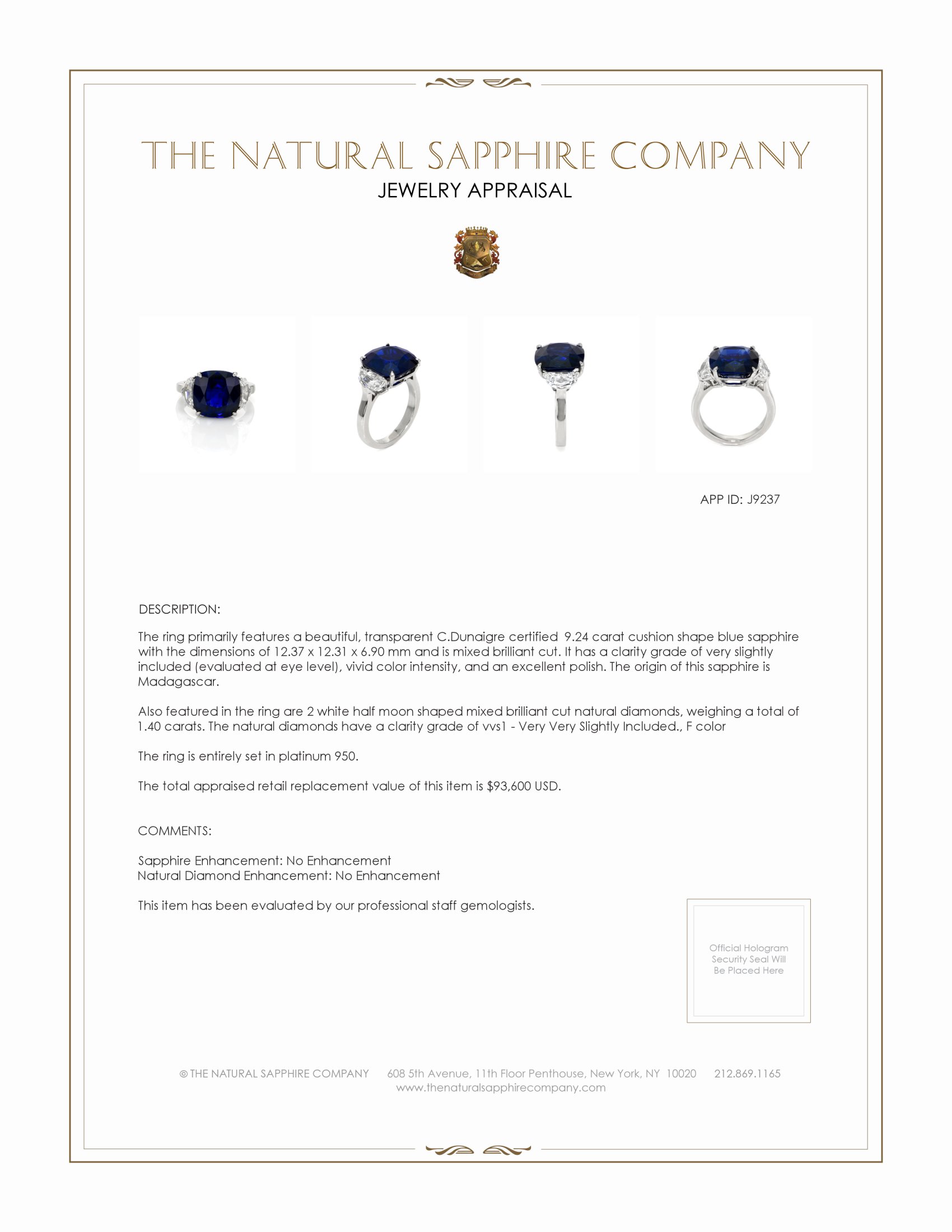 9.24 Ct. Blue Sapphire and Natural Diamond Three Stone Ring, Platinum 950