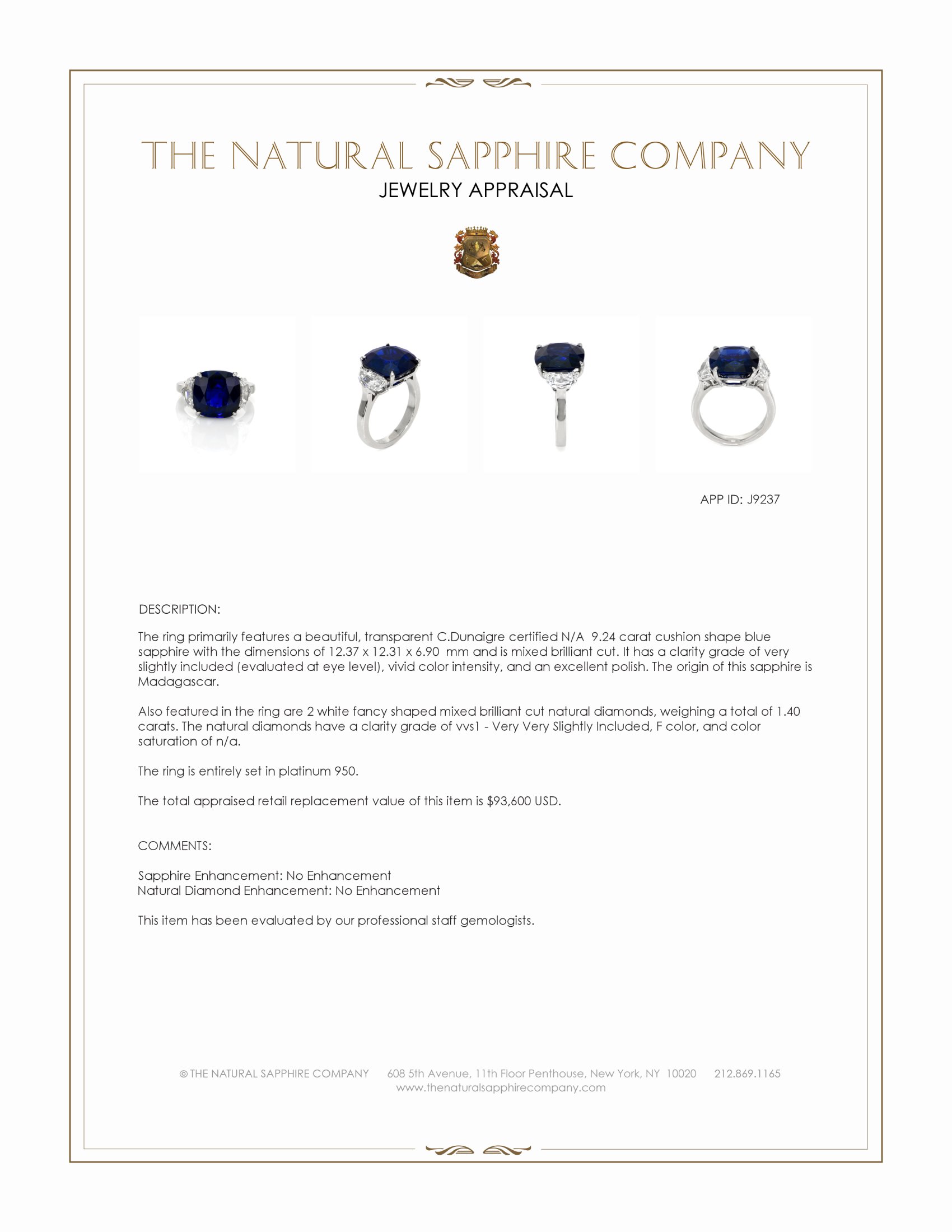 9.24 Ct. Blue Sapphire and Natural Diamond Three Stone Ring, Platinum 950