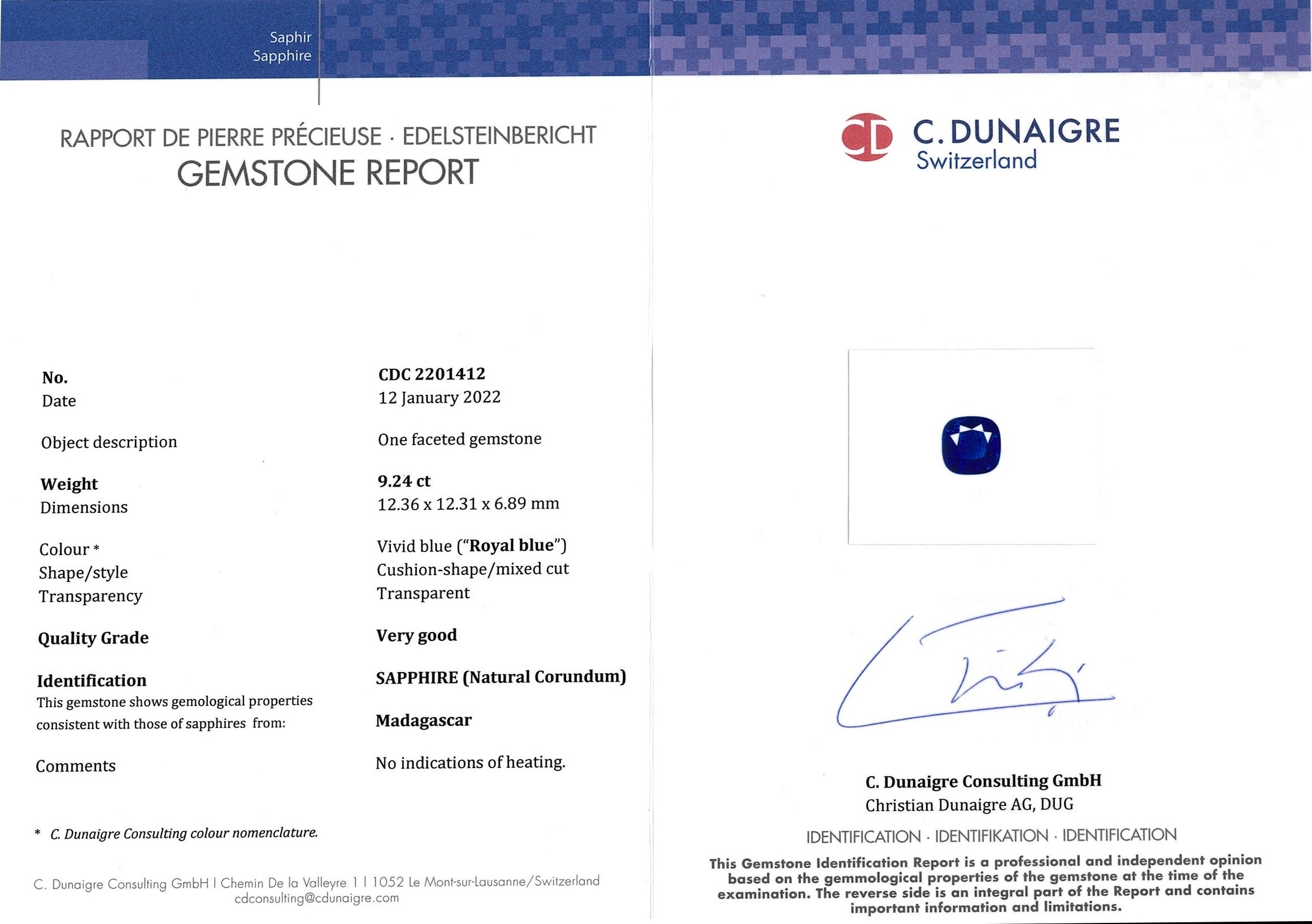 9.24 Ct. Blue Sapphire and Natural Diamond Three Stone Ring, Platinum 950