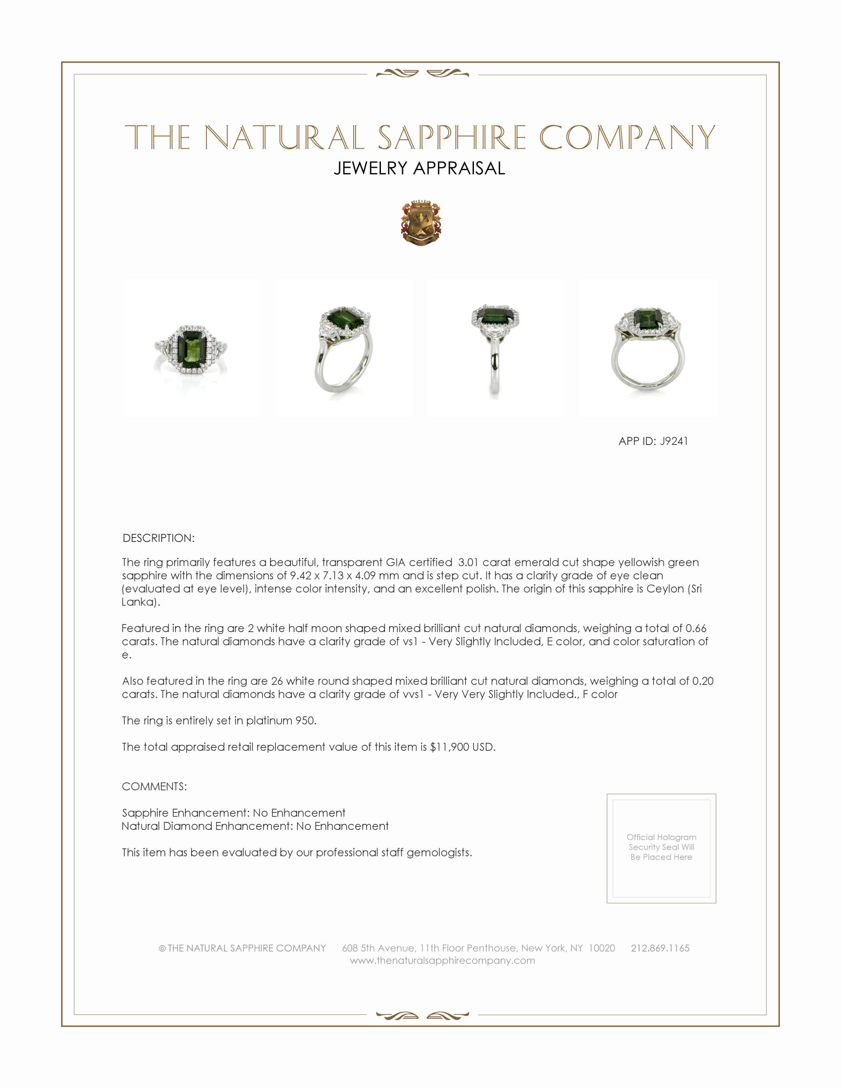 3.01 Ct. Yellowish Green Sapphire and Natural Diamond Pave Ring, Platinum 950