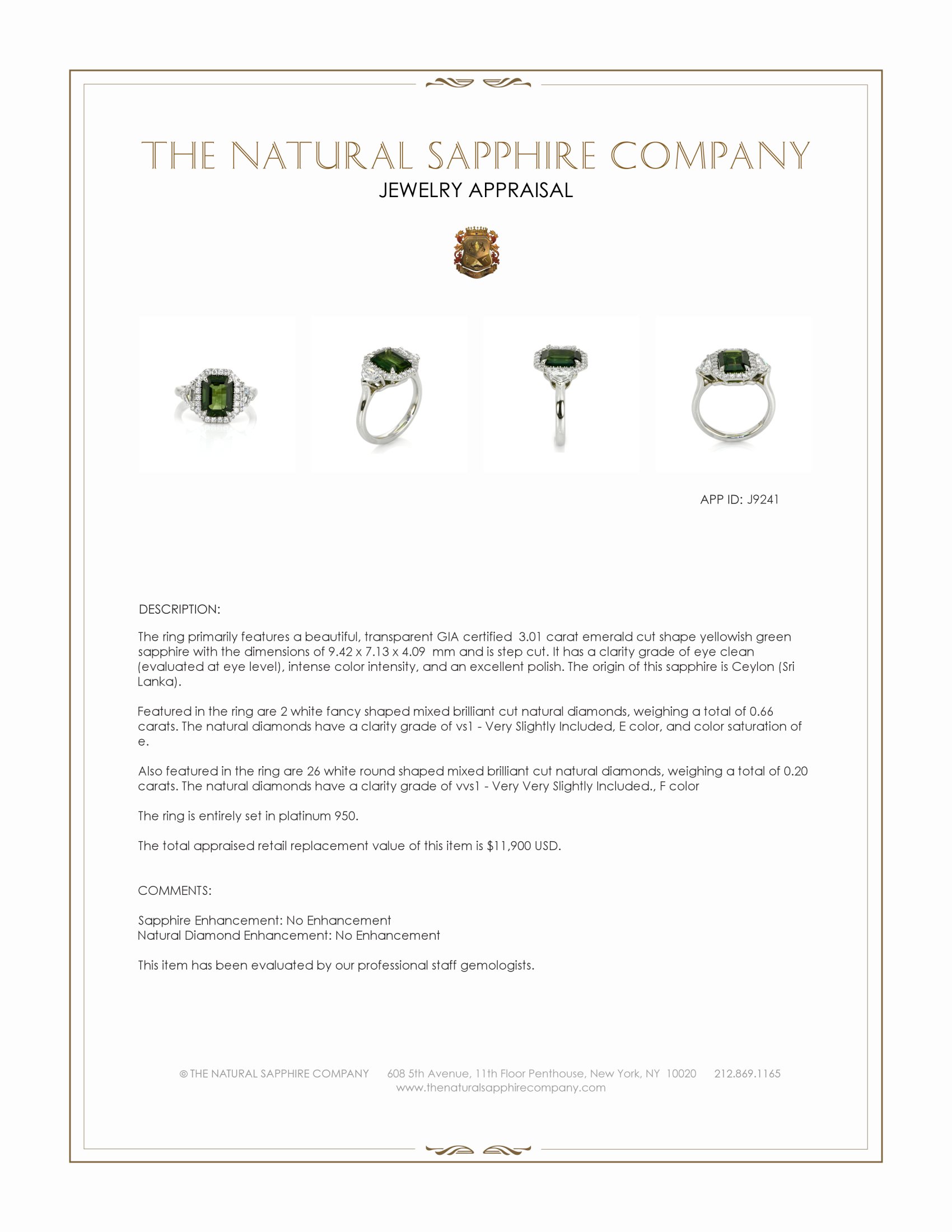 3.01 Ct. Yellowish Green Sapphire and Natural Diamond Pave Ring, Platinum 950