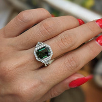 3.01 Ct. Yellowish Green Sapphire and Natural Diamond Pave Ring, Platinum 950 Life Style