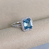 1.93 Ct. Blue Zircon and Natural Diamond Pave Ring, Platinum 950 Life Style