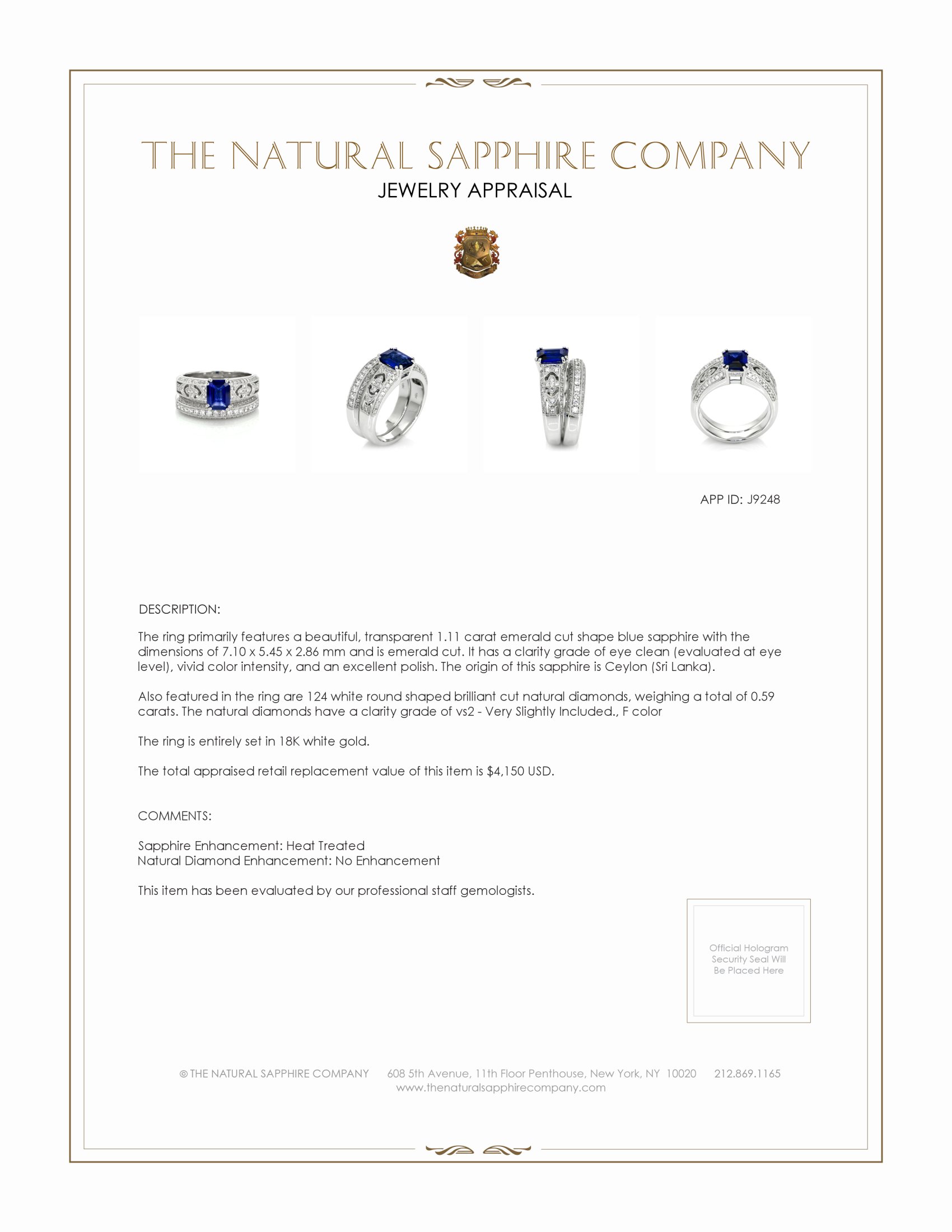 1.11 Ct. Blue Sapphire and Natural Diamond Antique Style Ring, 18K White Gold