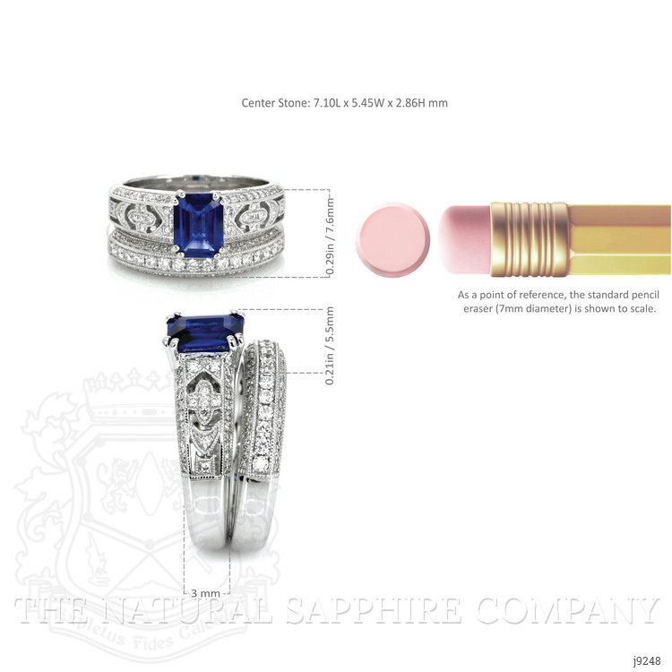 1.11 Ct. Blue Sapphire and Natural Diamond Antique Style Ring, 18K White Gold