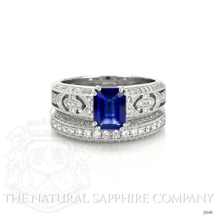 1.11 Ct. Blue Sapphire and Natural Diamond Antique Style Ring, 18K White Gold