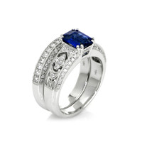 1.11 Ct. Blue Sapphire and Natural Diamond Antique Style Ring, 18K White Gold Image