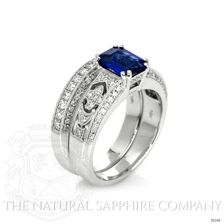 1.11 Ct. Blue Sapphire and Natural Diamond Antique Style Ring, 18K White Gold
