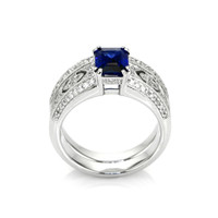 1.11 Ct. Blue Sapphire and Natural Diamond Antique Style Ring, 18K White Gold Image
