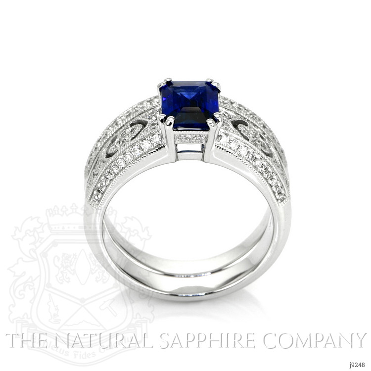 1.11 Ct. Blue Sapphire and Natural Diamond Antique Style Ring, 18K White Gold