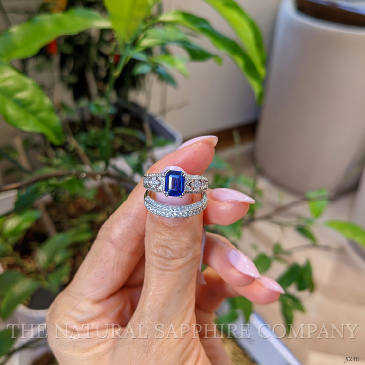 1.11 Ct. Blue Sapphire and Natural Diamond Antique Style Ring, 18K White Gold