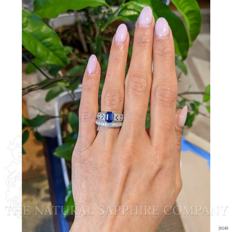 1.11 Ct. Blue Sapphire and Natural Diamond Antique Style Ring, 18K White Gold