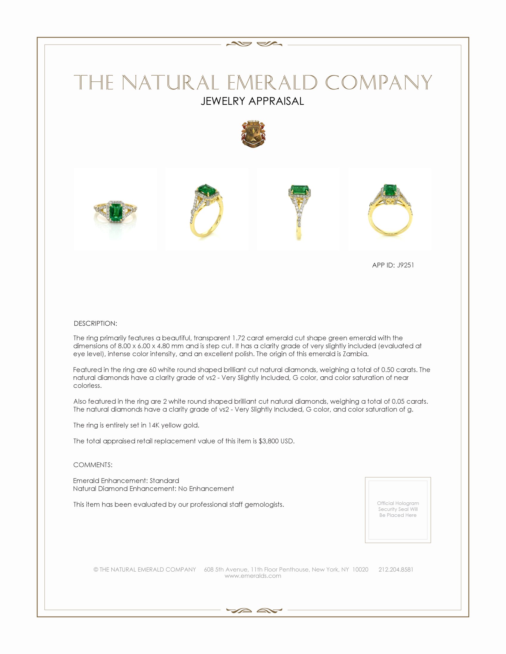 1.72 Ct. Emerald Natural Diamond Pave Ring, 14K Yellow Gold