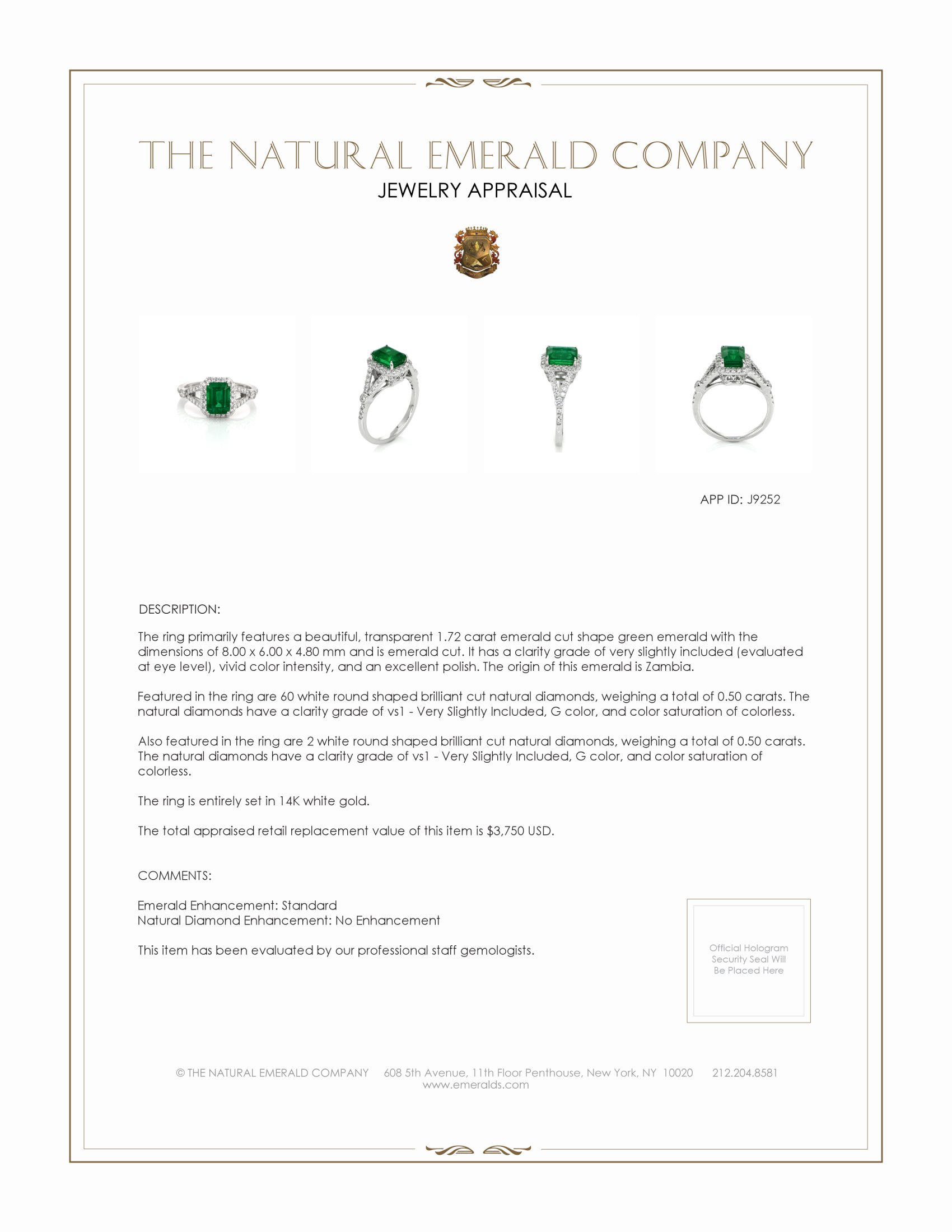 1.72 Ct. Emerald Natural Diamond Pave Ring, 14K White Gold