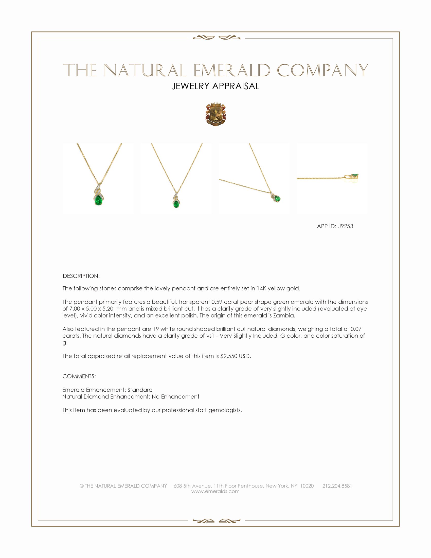 0.59 Ct. Emerald and Natural Diamond Halo Pendant, 14K Yellow Gold