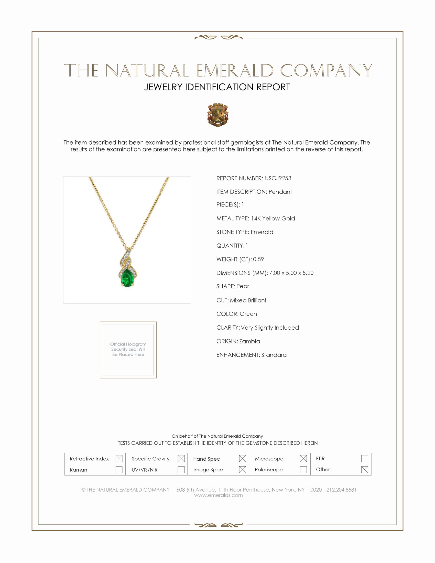 0.59 Ct. Emerald and Natural Diamond Halo Pendant, 14K Yellow Gold