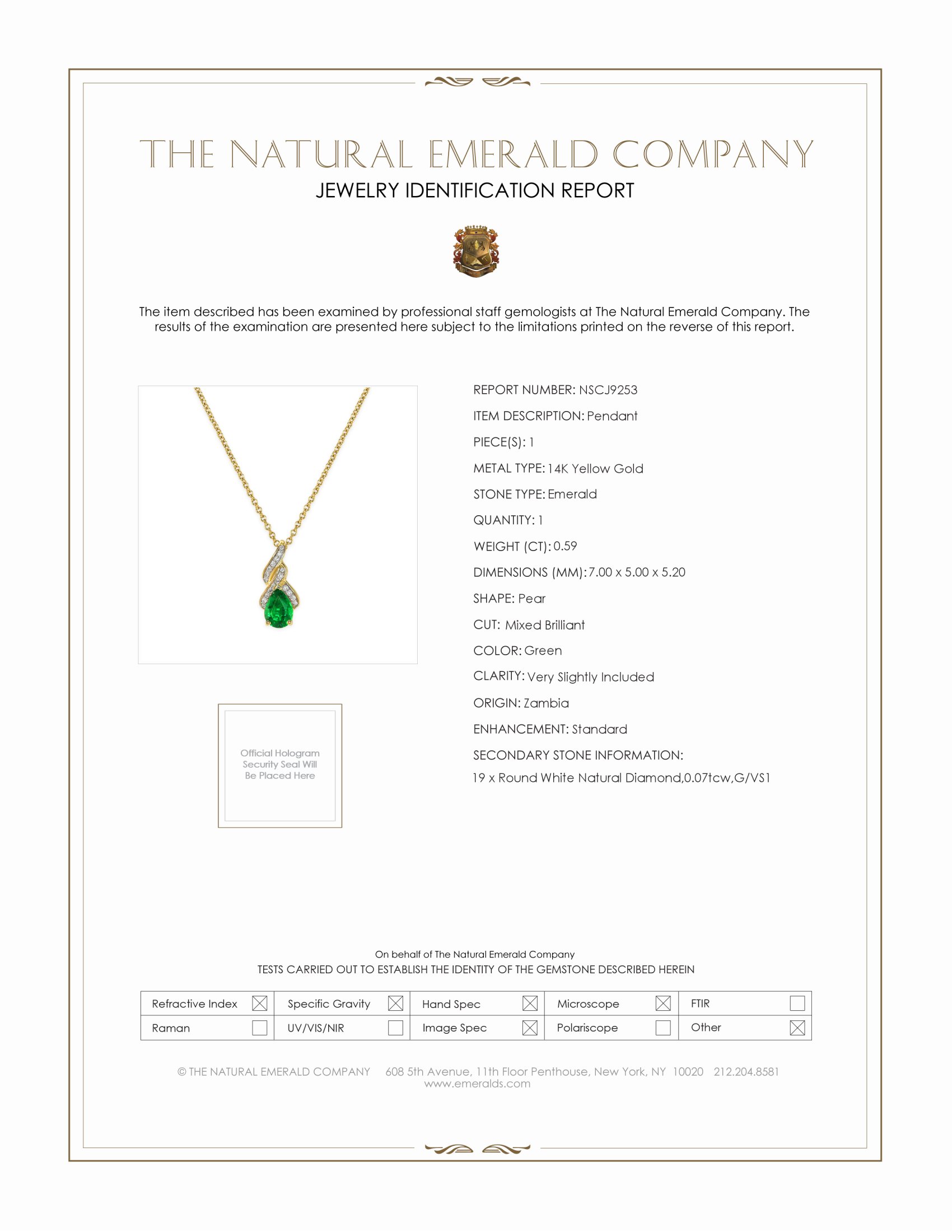 0.59 Ct. Emerald Natural Diamond Halo Pendant, 14K Yellow Gold