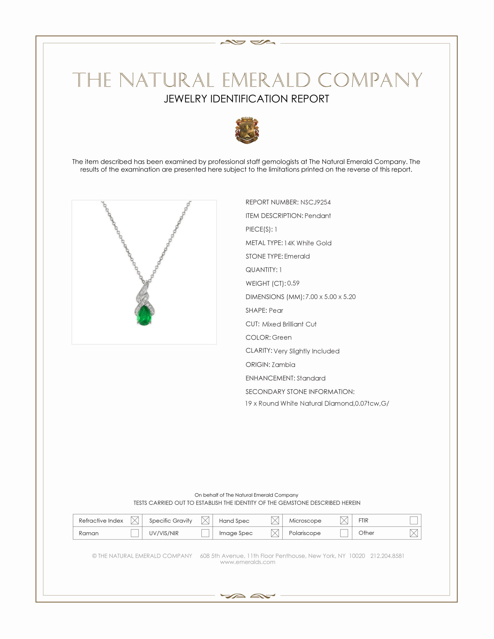 0.59 Ct. Emerald and Natural Diamond Halo Pendant, 14K White Gold