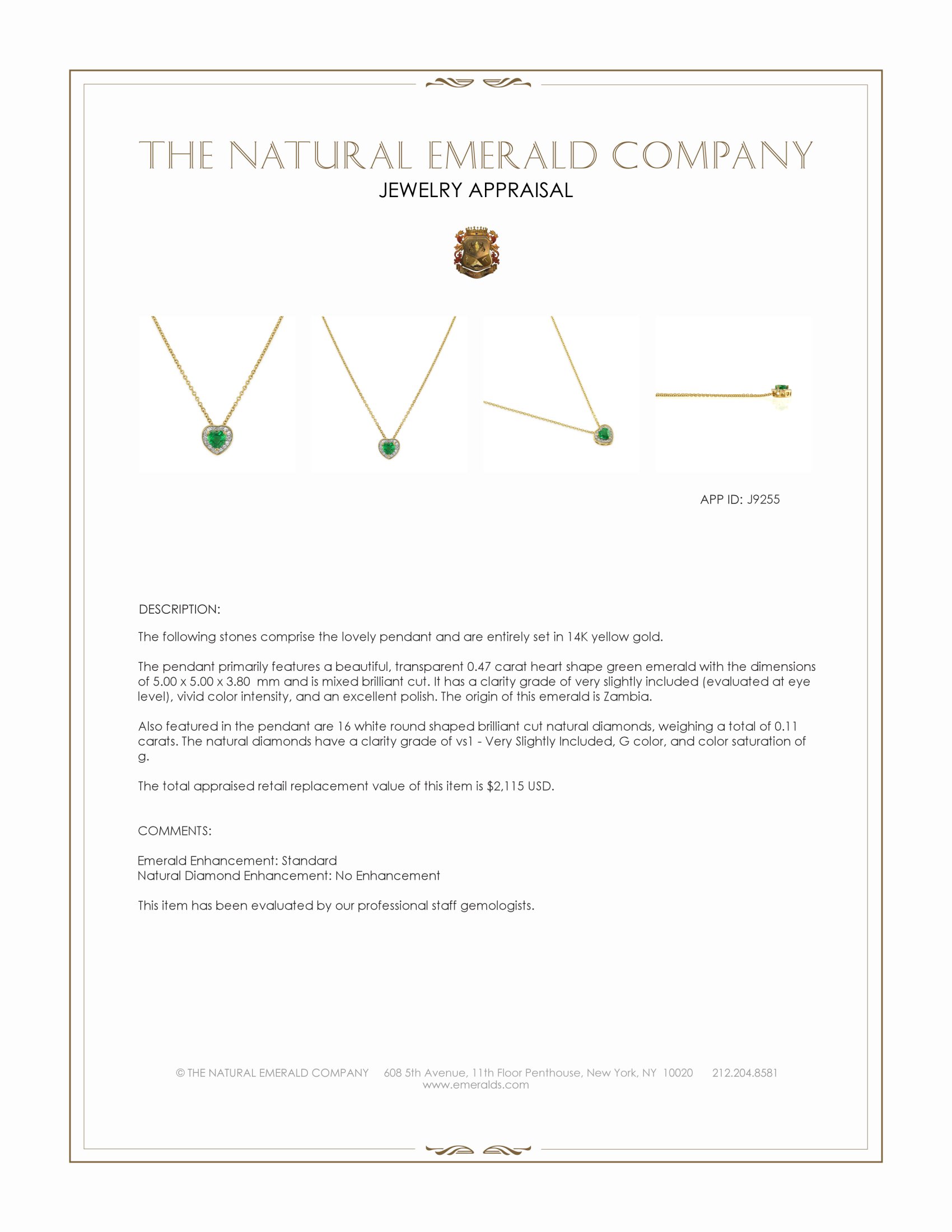 0.47 Ct. Emerald and Natural Diamond Pave Pendant, 14K Yellow Gold