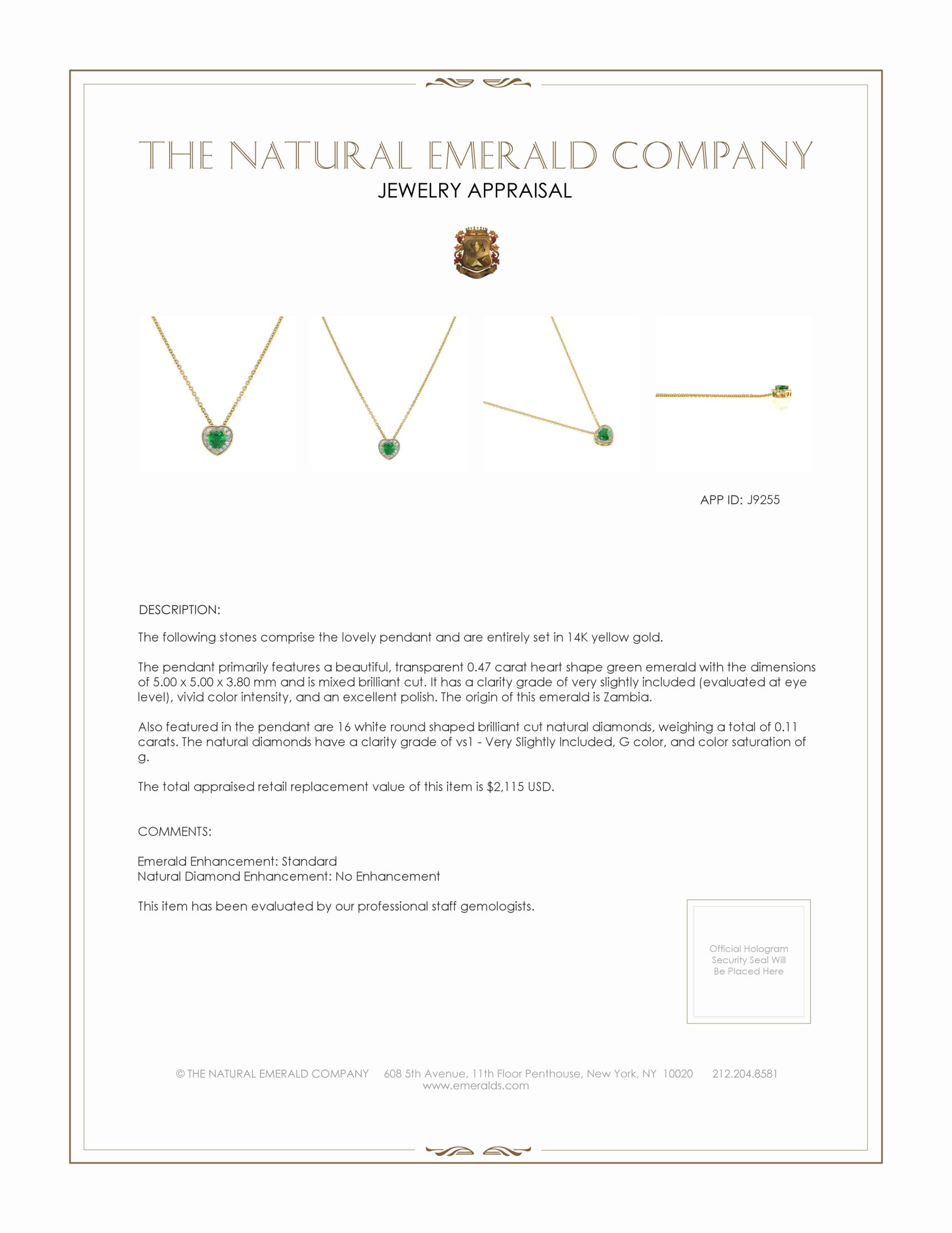 0.47 Ct. Emerald Natural Diamond Pave Pendant, 14K Yellow Gold