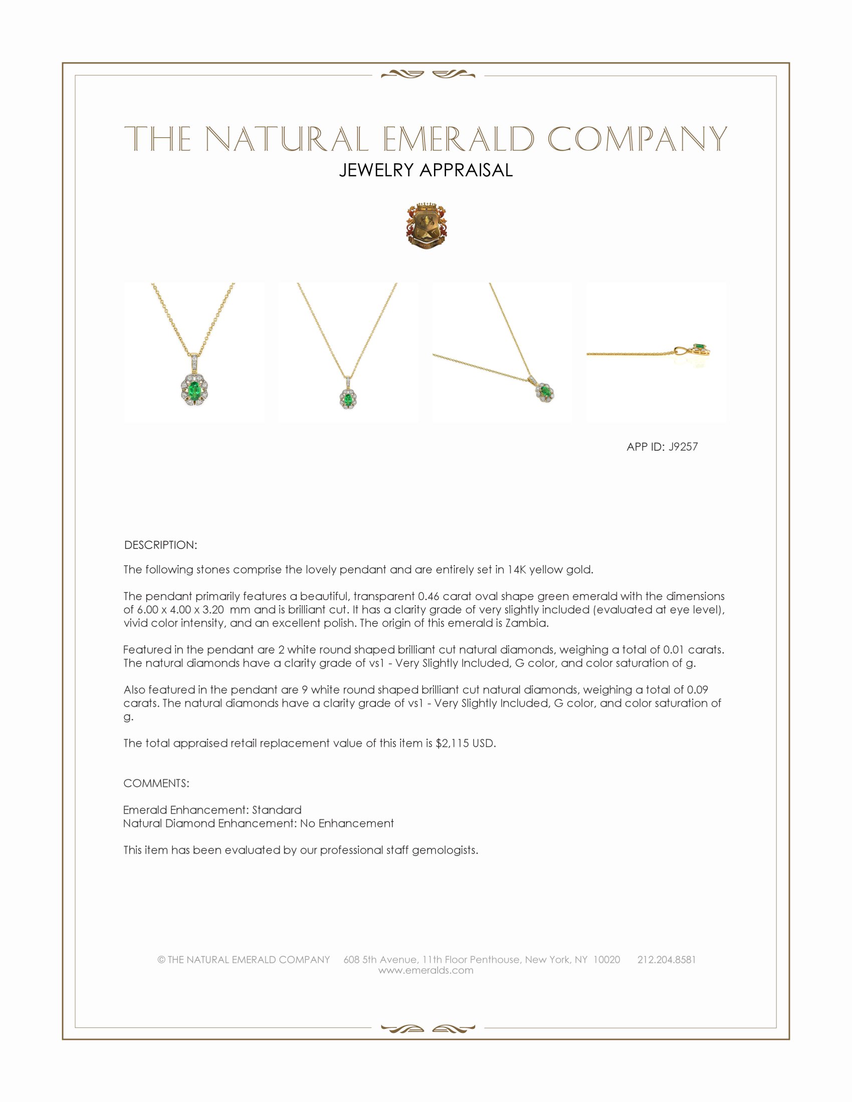 0.46 Ct. Emerald and Natural Diamond Pave Pendant, 14K Yellow Gold