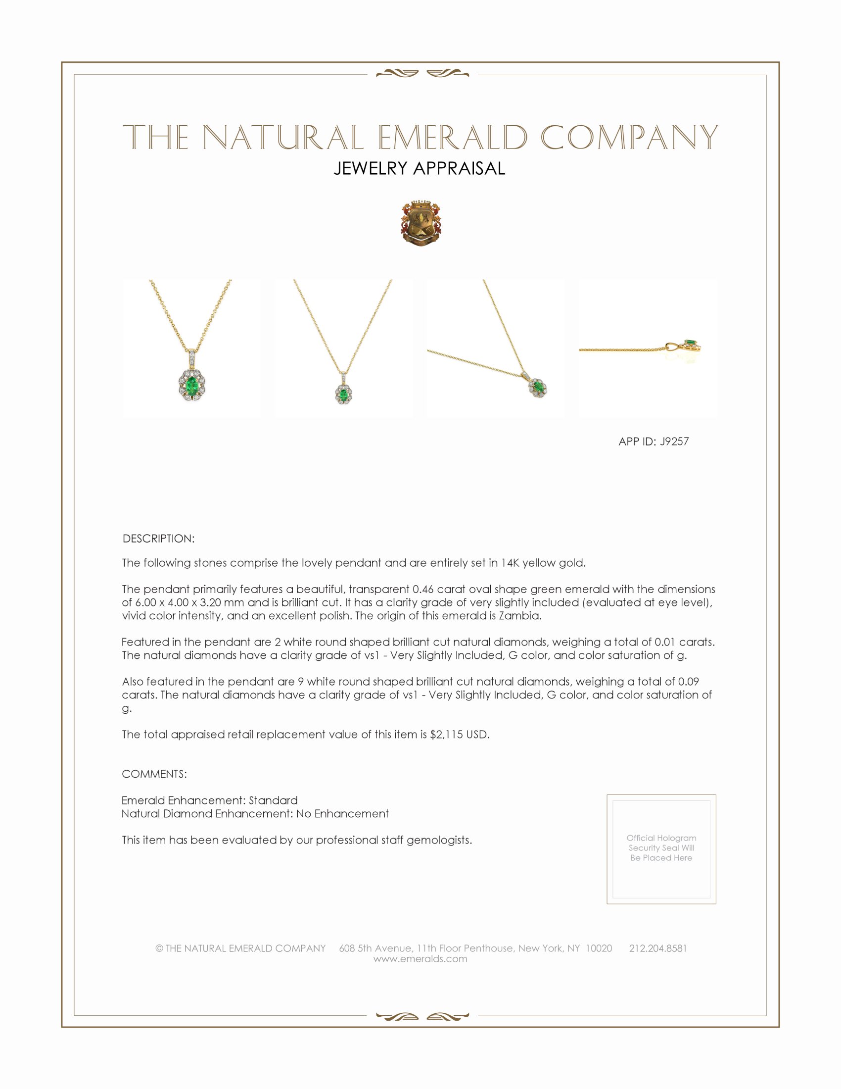 0.46 Ct. Emerald and Natural Diamond Pave Pendant, 14K Yellow Gold