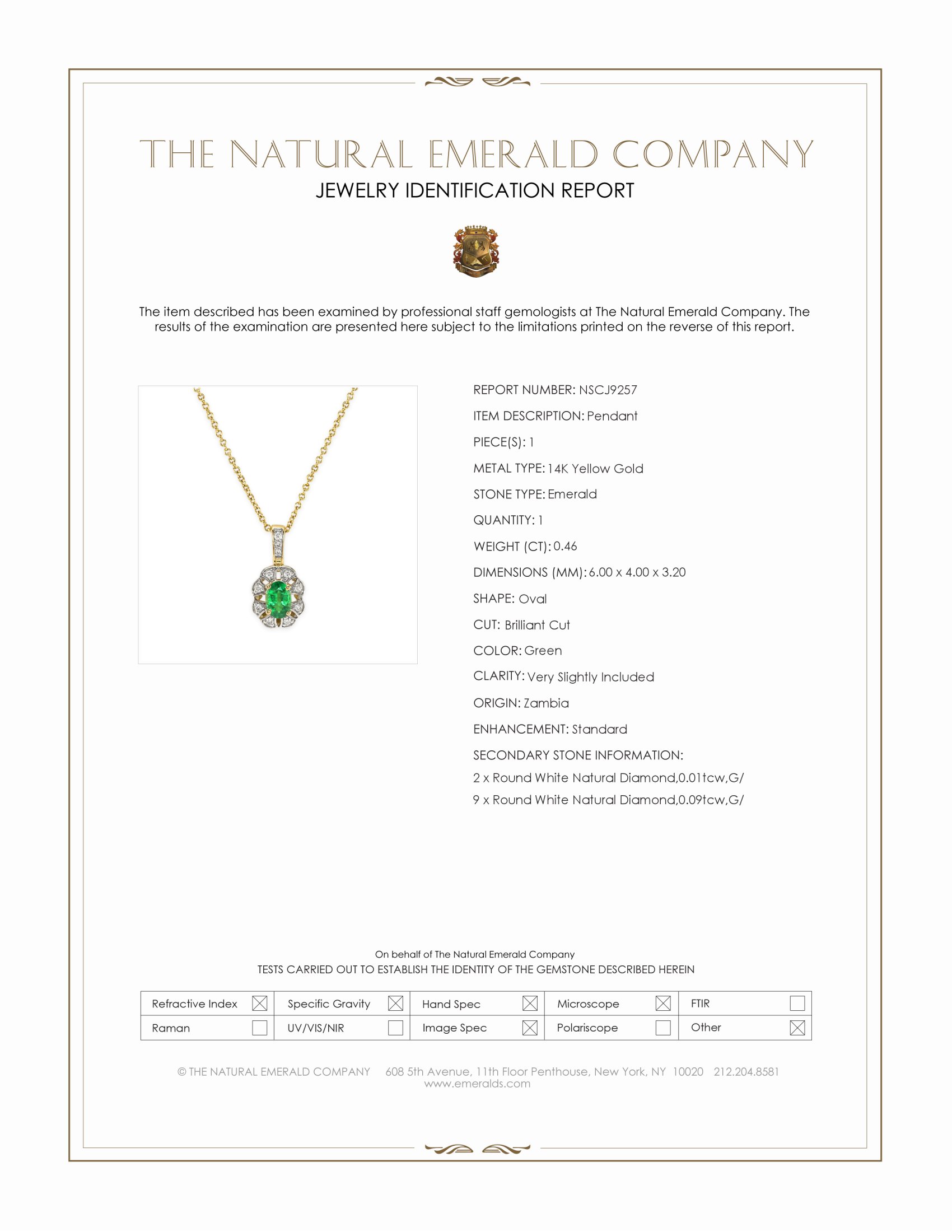 0.46 Ct. Emerald and Natural Diamond Pave Pendant, 14K Yellow Gold