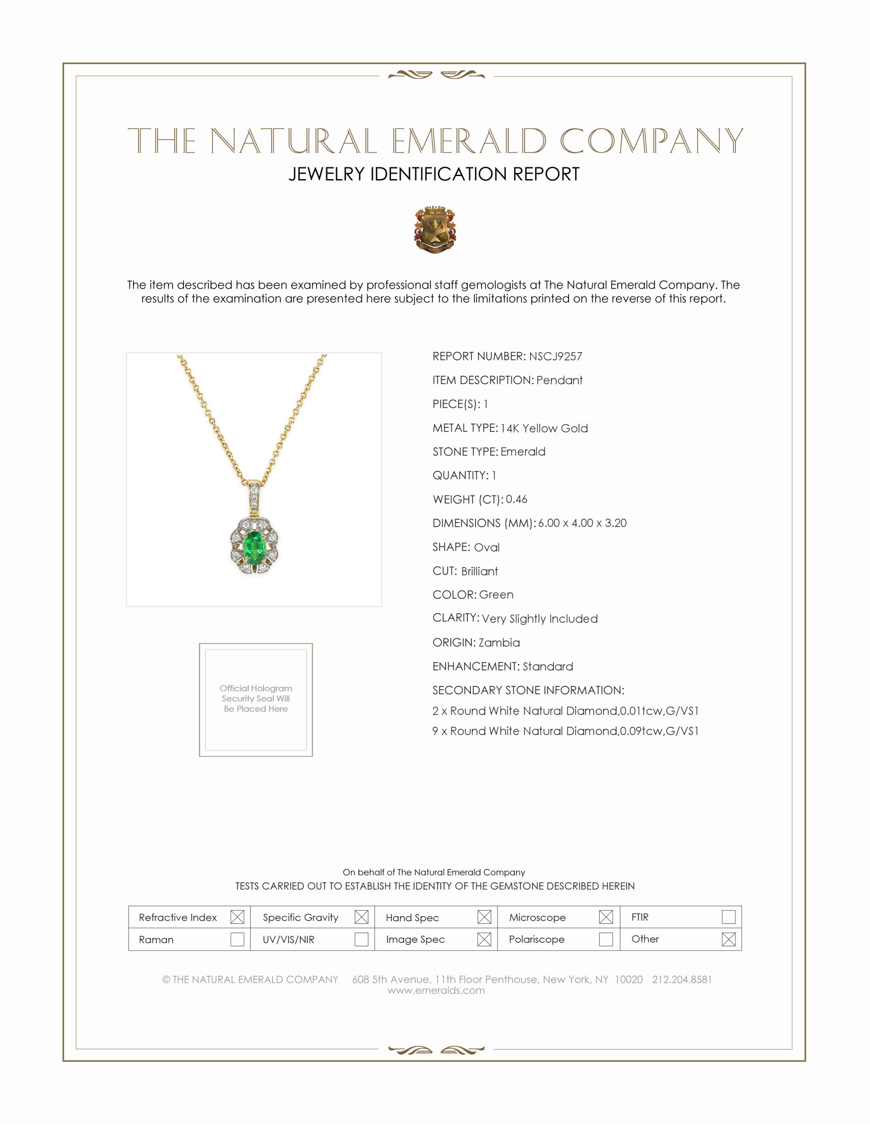 0.46 Ct. Emerald and Natural Diamond Pave Pendant, 14K Yellow Gold